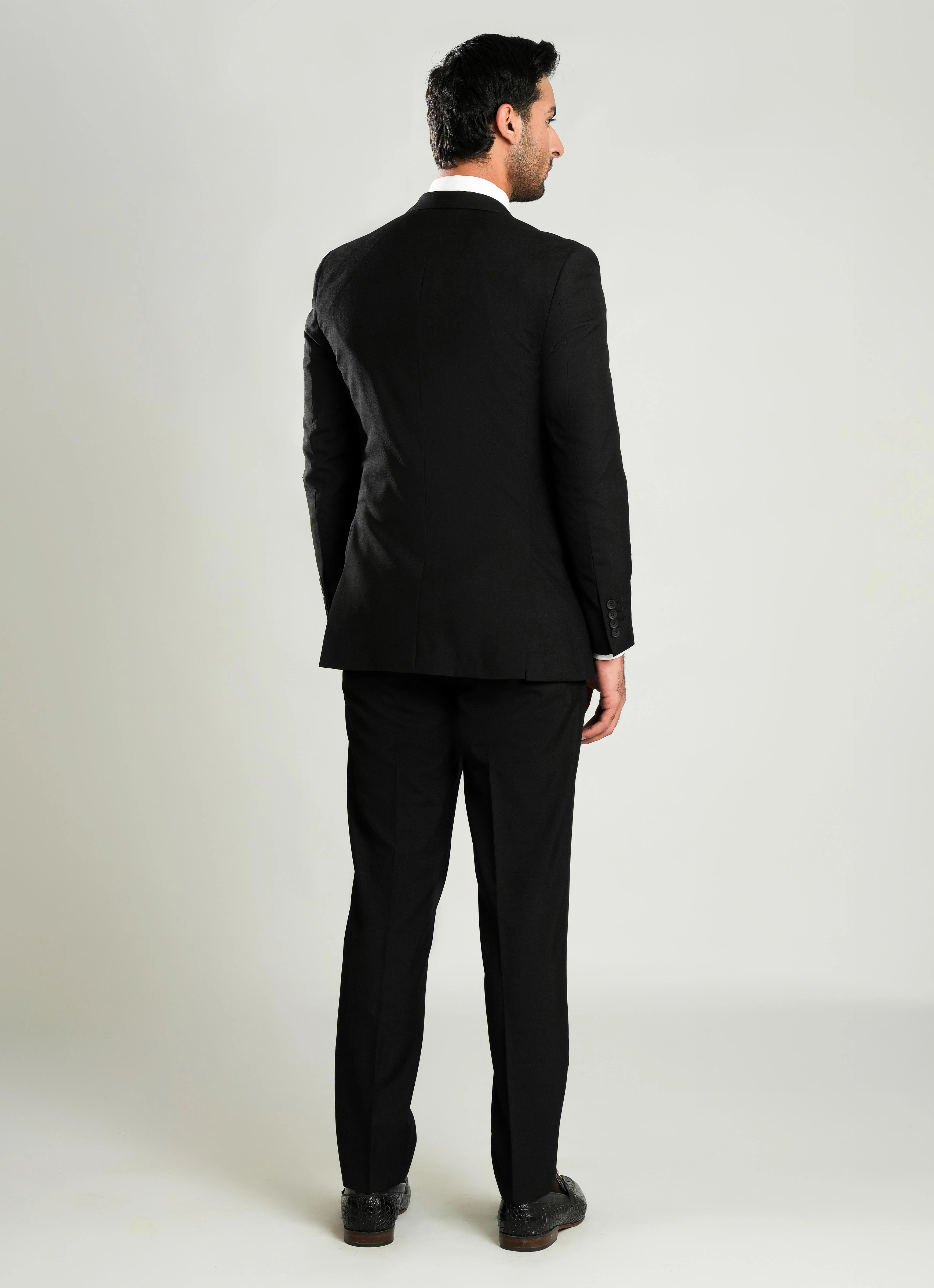 Black Plain 3 Piece Suit - Tropical Classic Poly Wool - Image 3