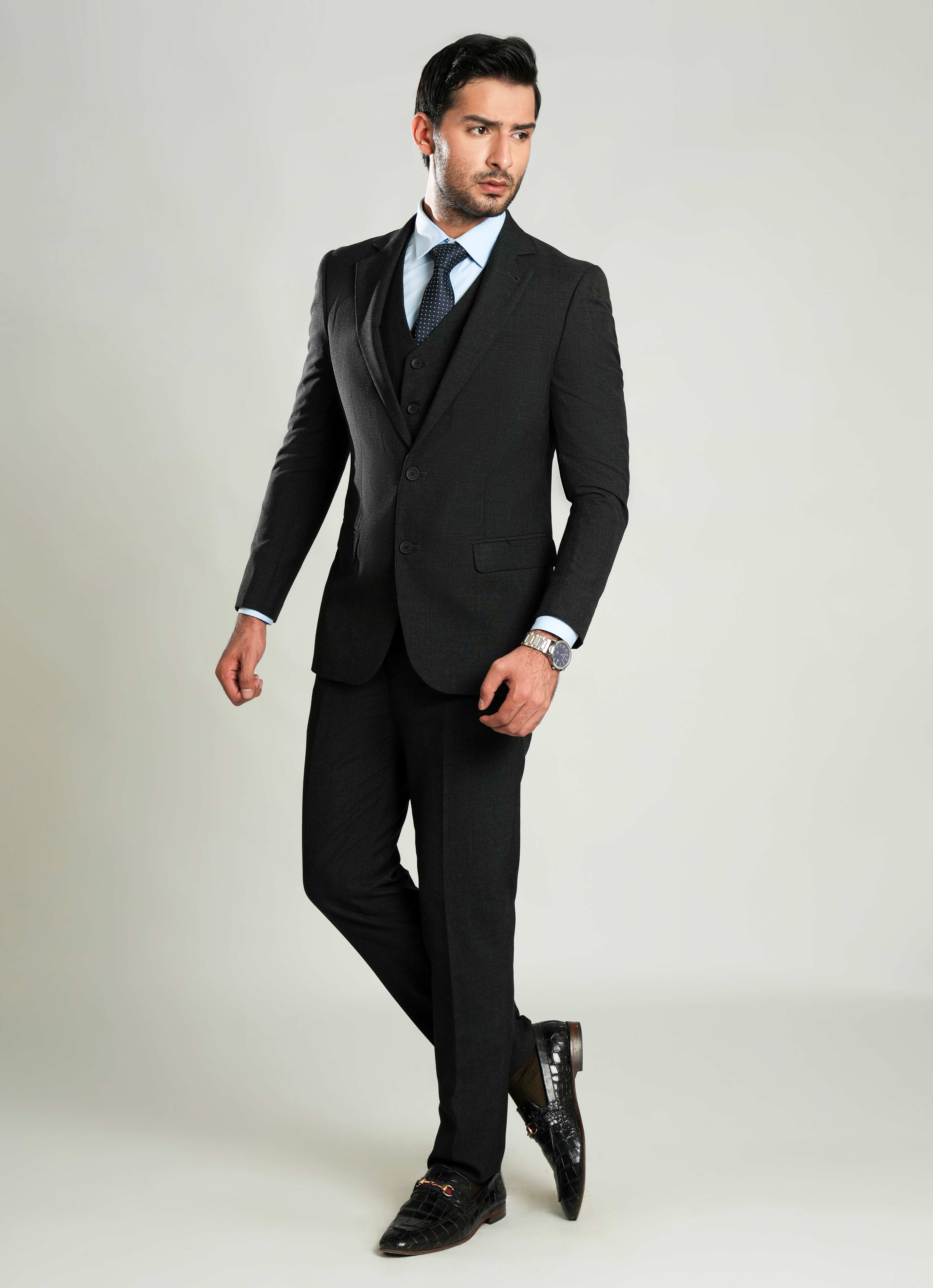 Grey Plain 3 Piece Suit - Tropical Classic Poly Wool - Image 3