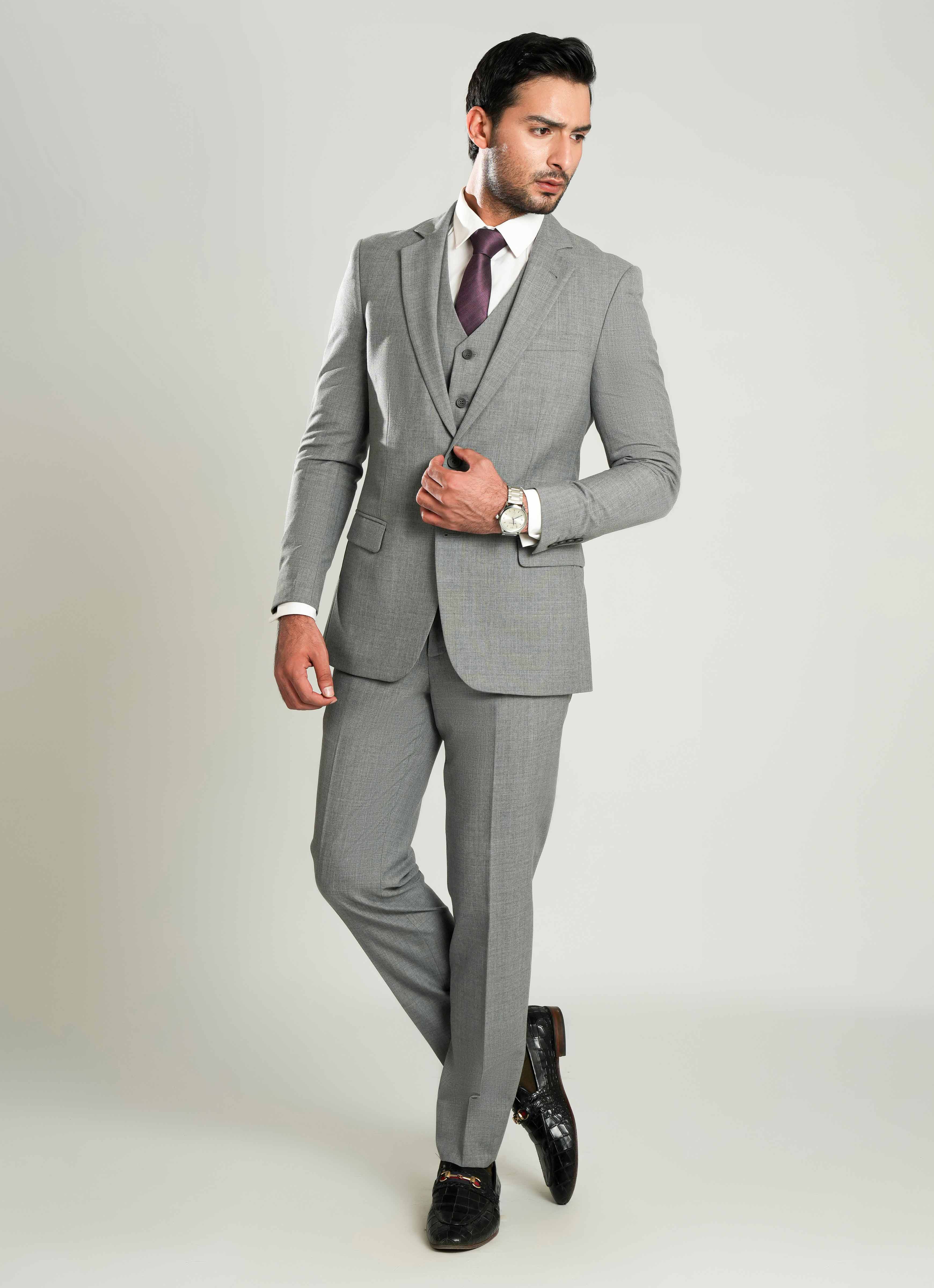 Grey Plain  3 Piece Suit - Tropical Classic Poly Wool - Image 3