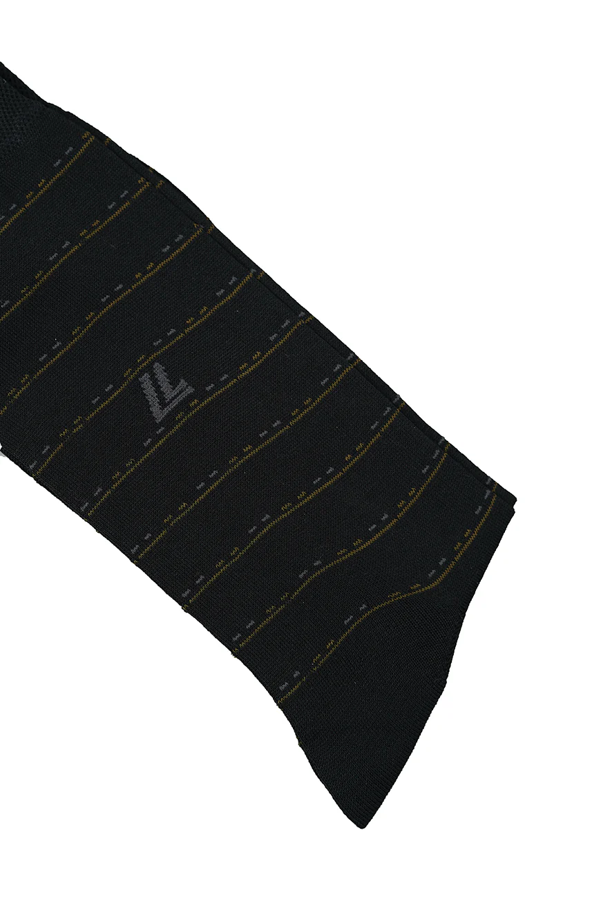 Black Mercerized Cotton Socks with Yellow Stripes - Image 3