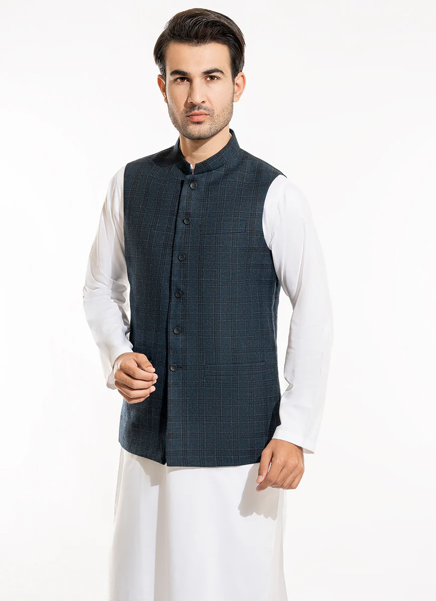 Broad ChecksDark Blue Wool Rich Worsted Tweed - Winter Waist Coat - Image 3