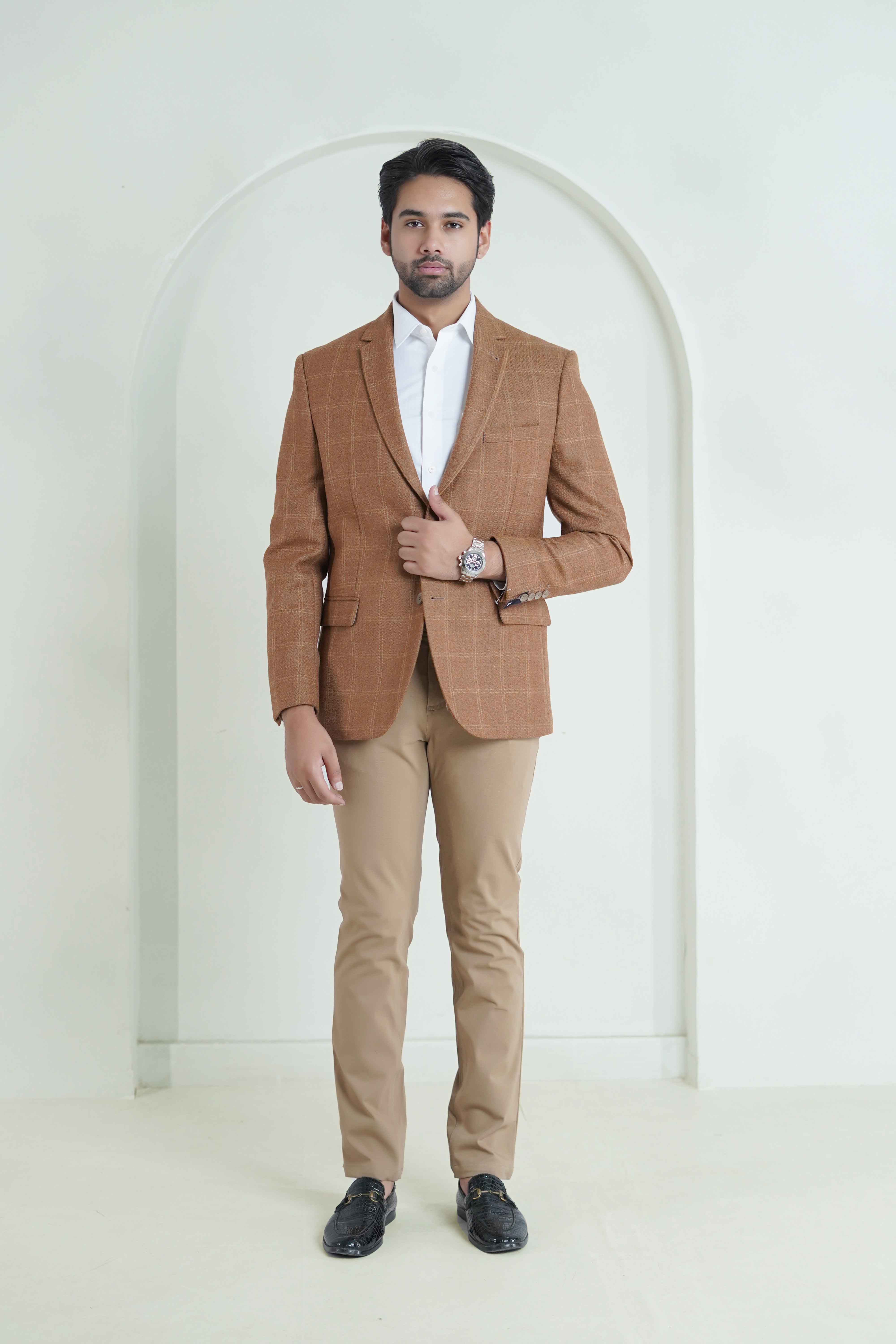 Brown Windowpane Checks Worsted Tweed Classic Blazer - Image 2