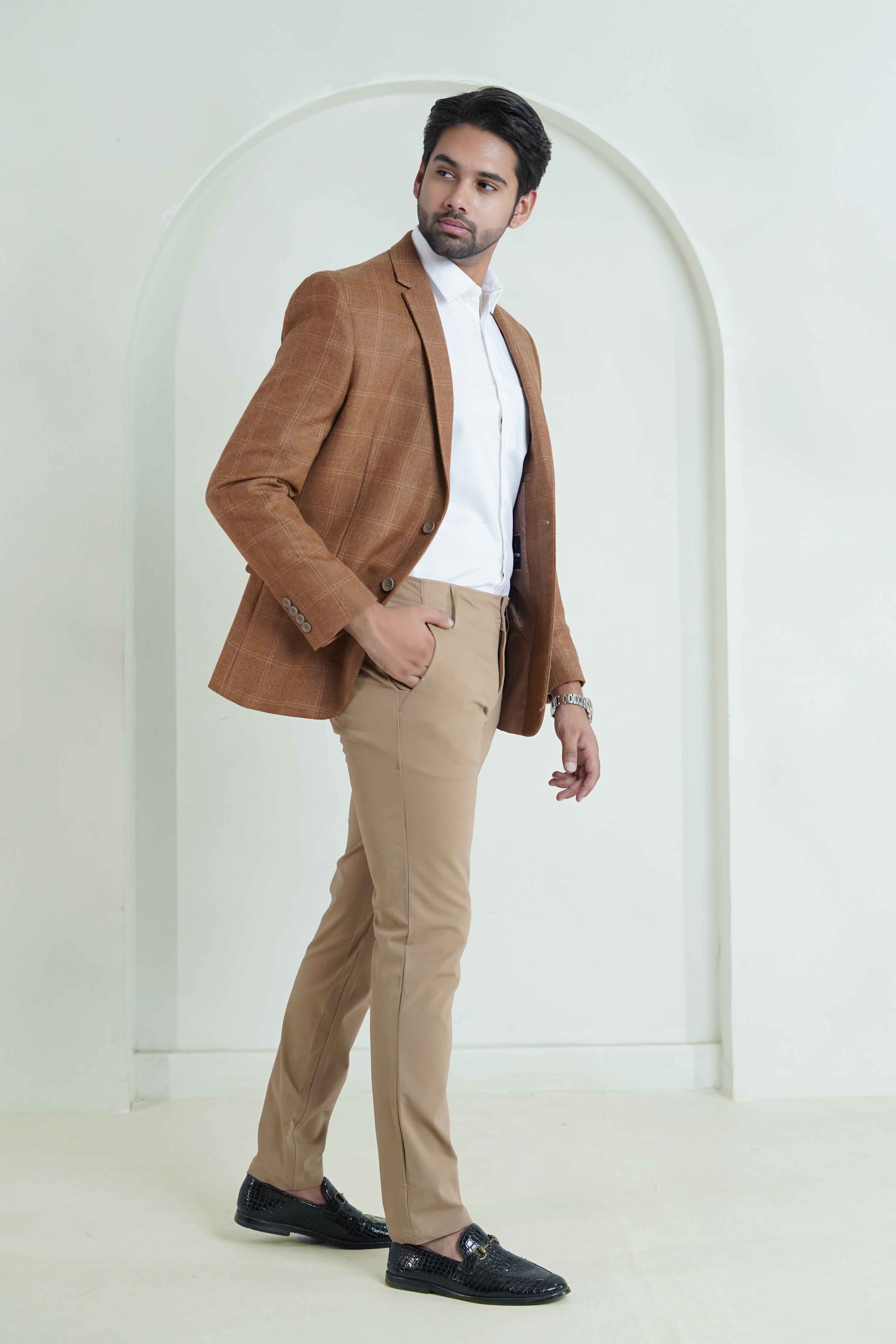 Brown Windowpane Checks Worsted Tweed Classic Blazer - Image 3