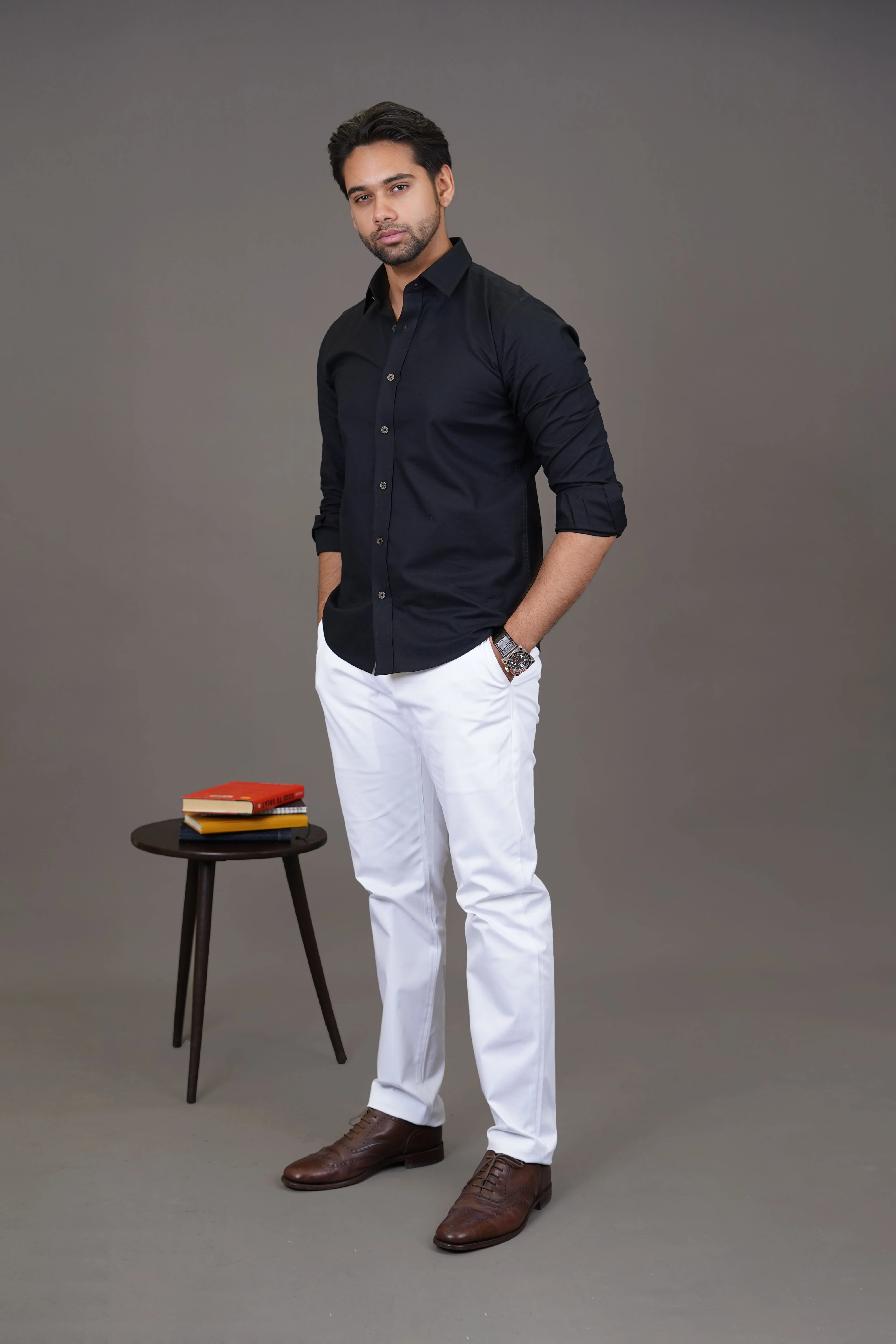 Slim Fit Casual Shirt - Oxford Black Plain - Image 3