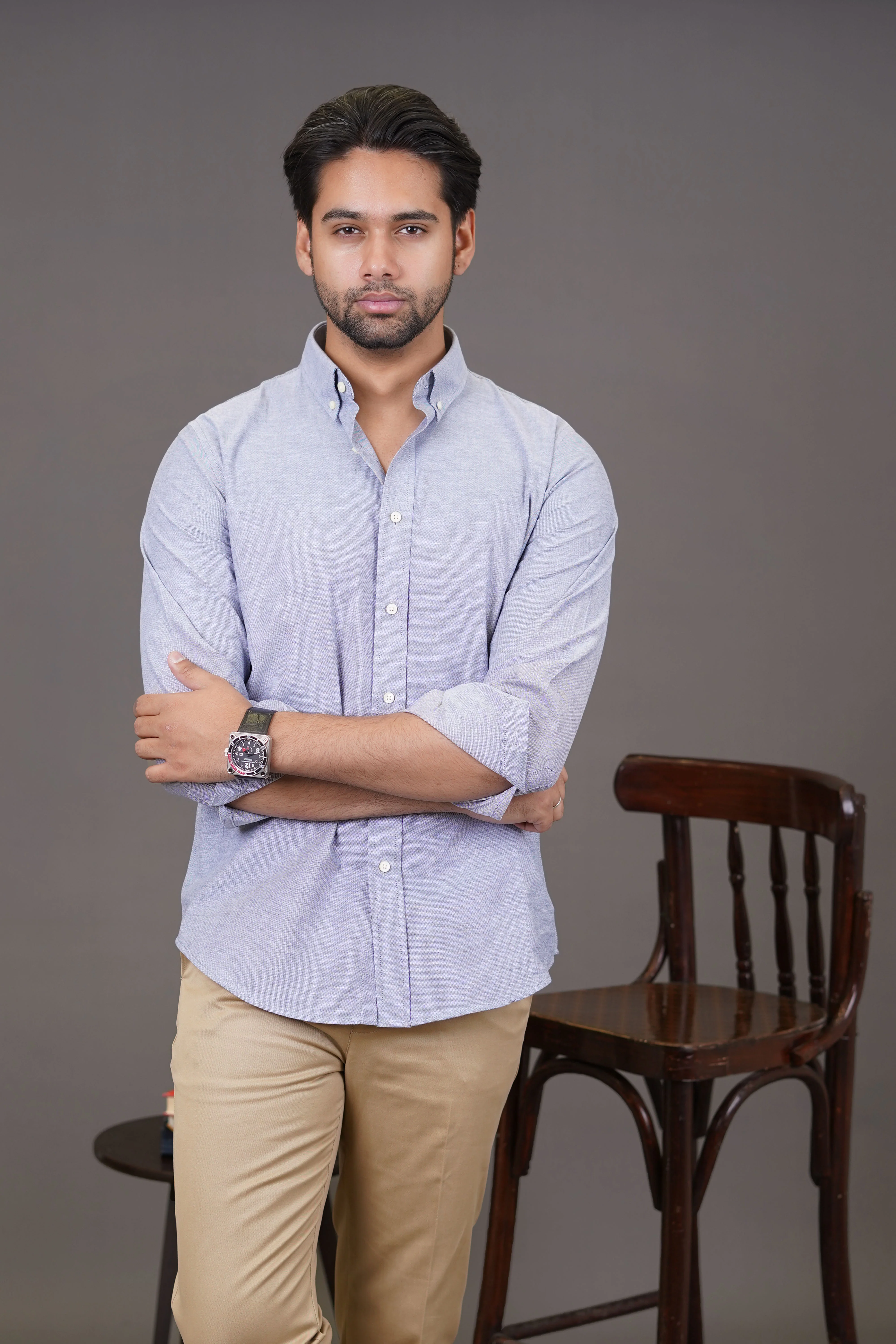 Regular Fit Casual Shirt - Oxford Dark Grey Plain - Image 3