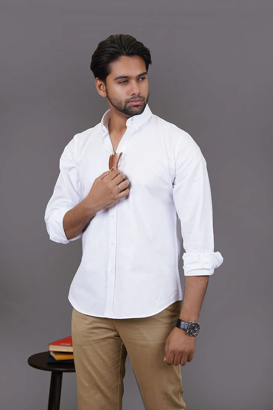 Slim Fit Casual Shirt - Oxford White Plain - Image 3