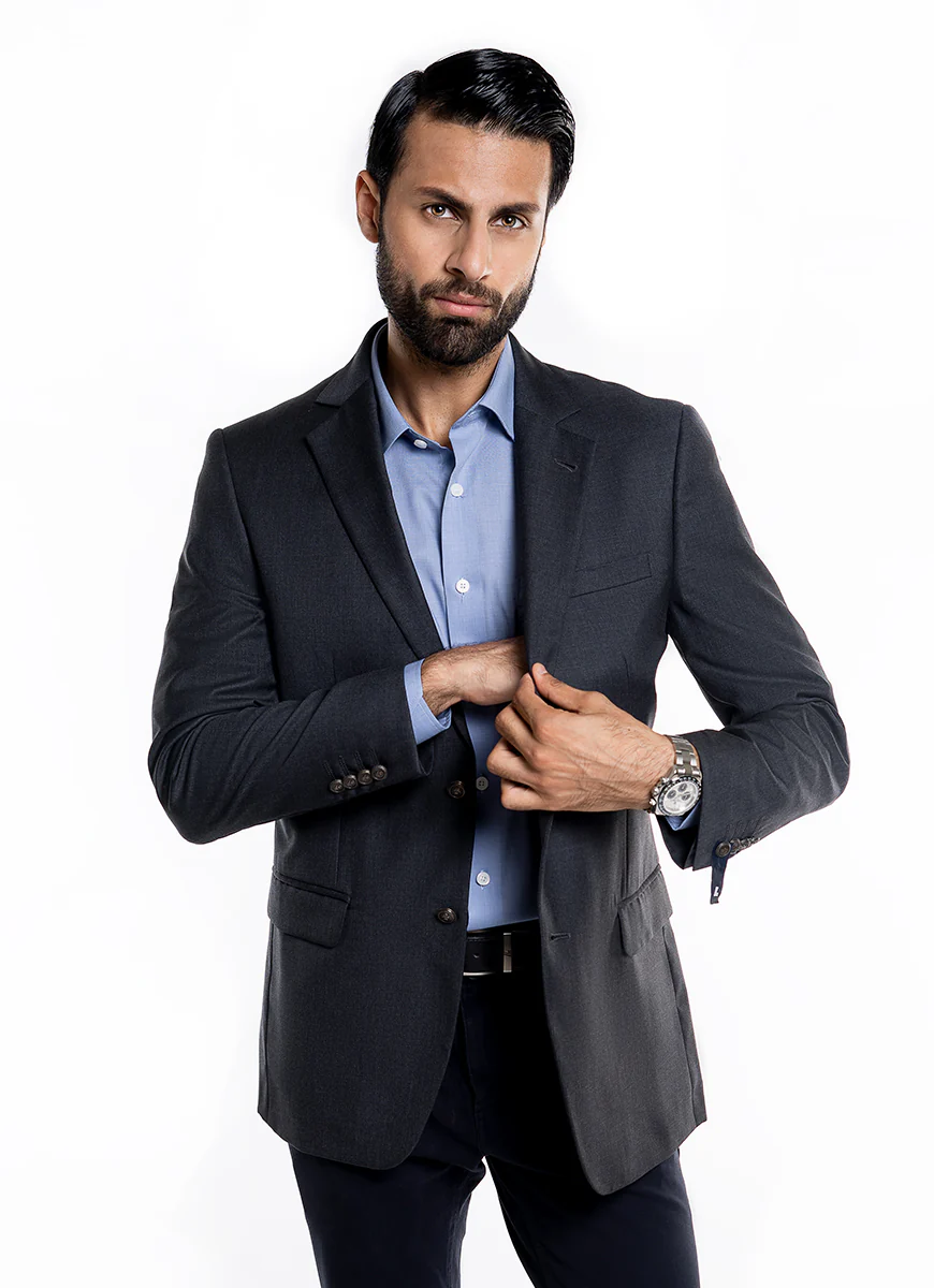 Grey Plain Tropical Exclusive Poly Wool Classic Blazer