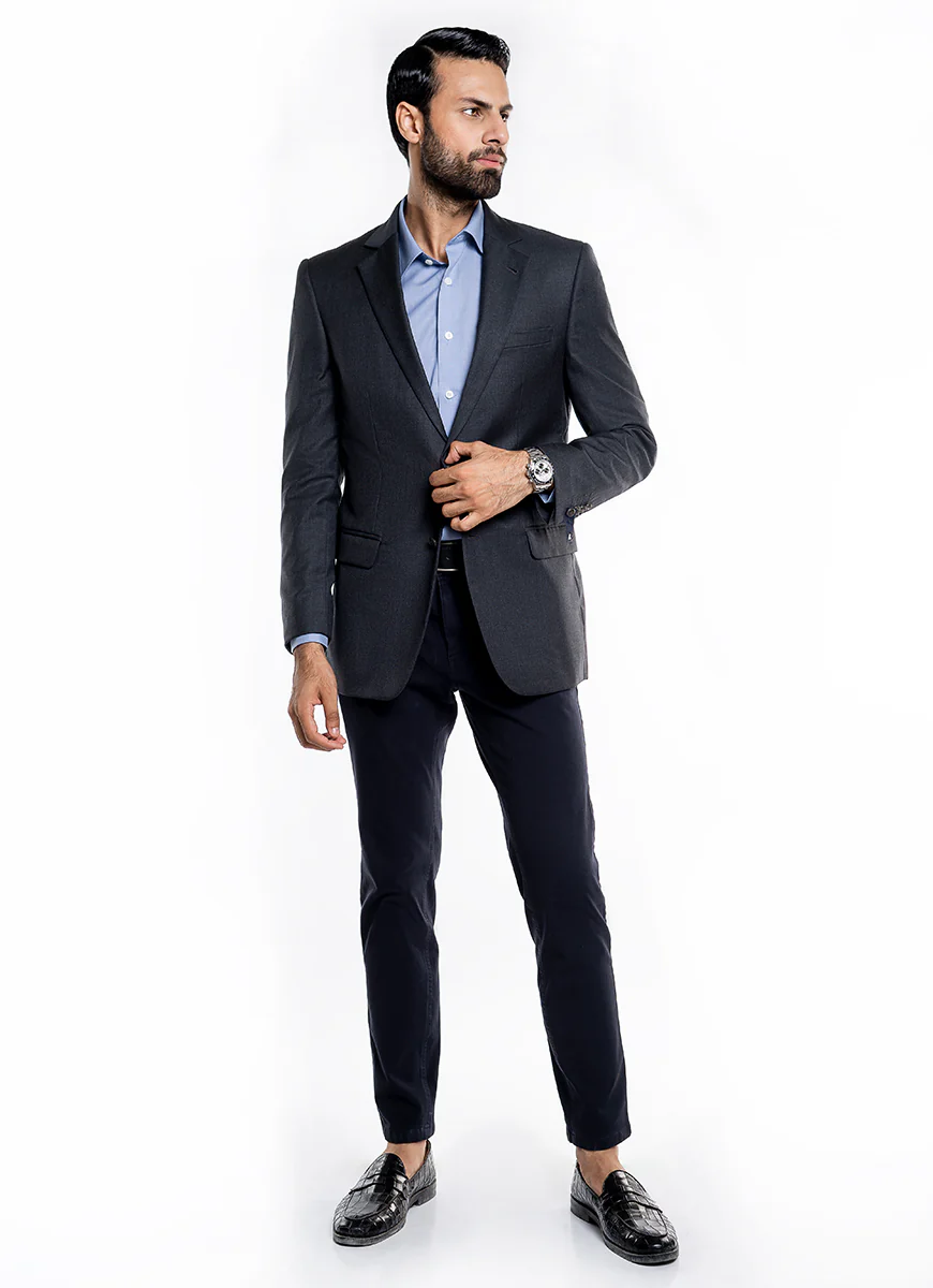 Grey Plain Tropical Exclusive Poly Wool Classic Blazer - Image 2