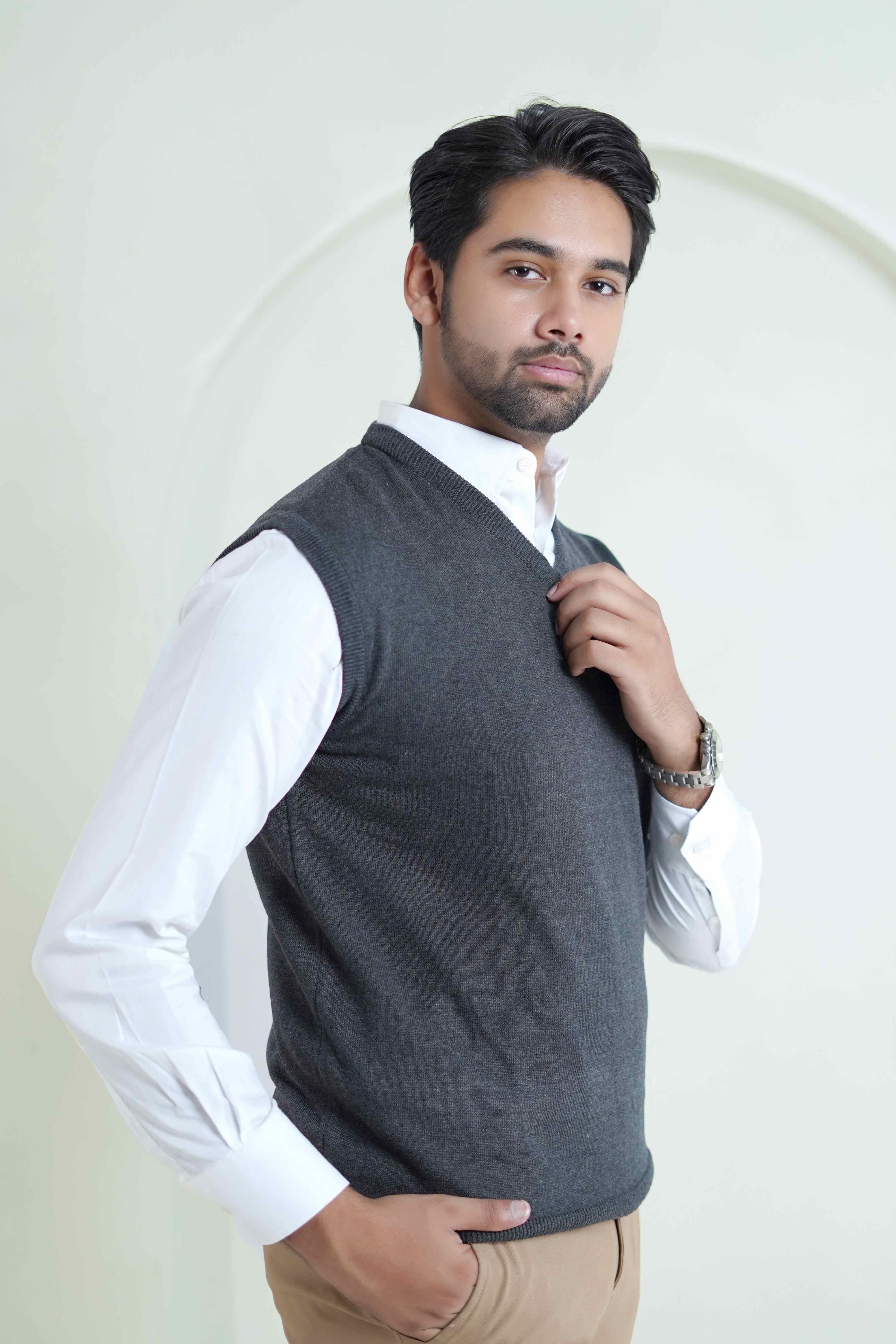 Sleeveless V-Neck Sweater - 100% Cotton -  Charcoal Grey  Regular Fit - Image 3