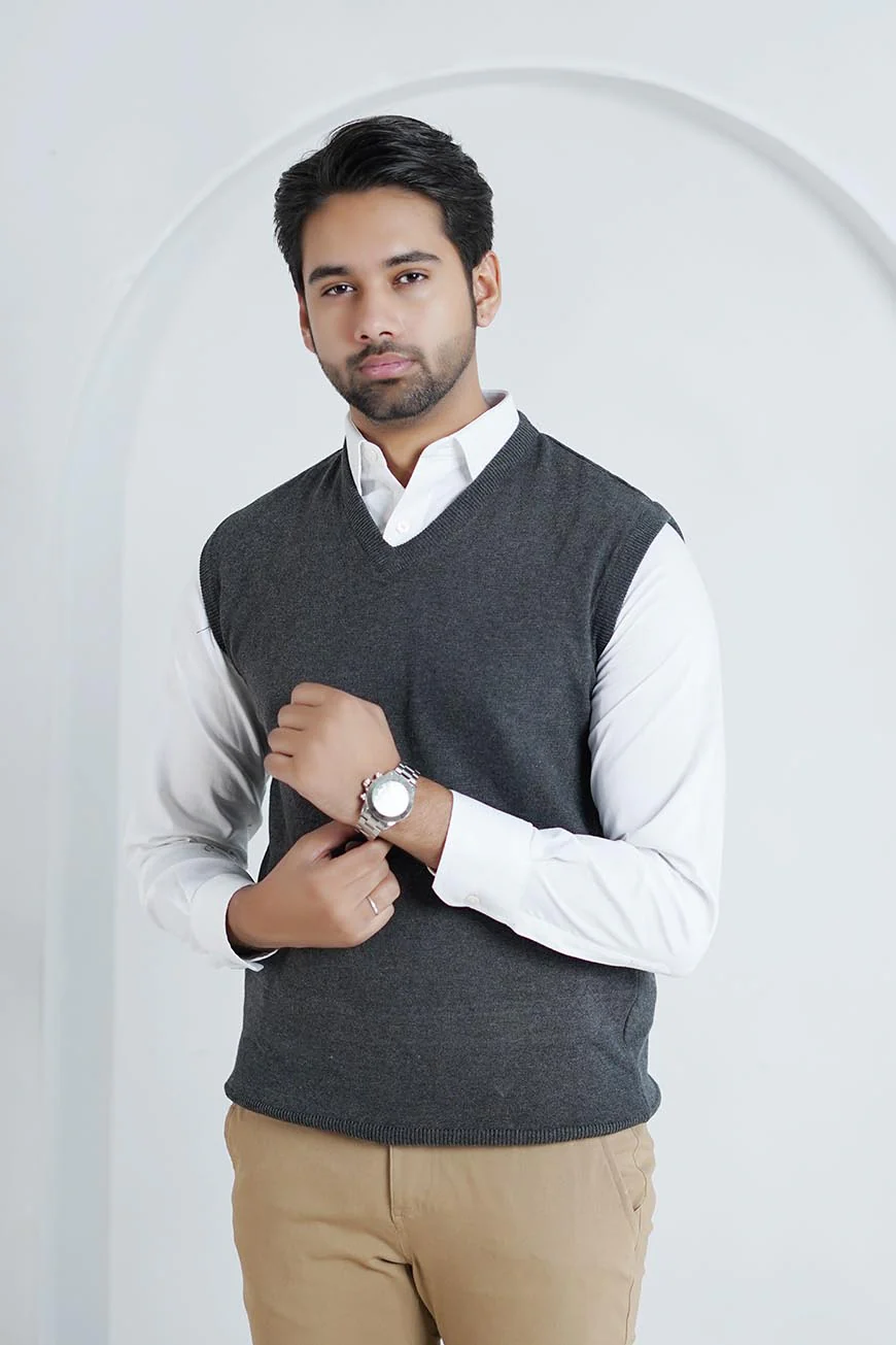 Sleeveless V-Neck Sweater - 100% Cotton -  Charcoal Grey  Regular Fit - Image 5
