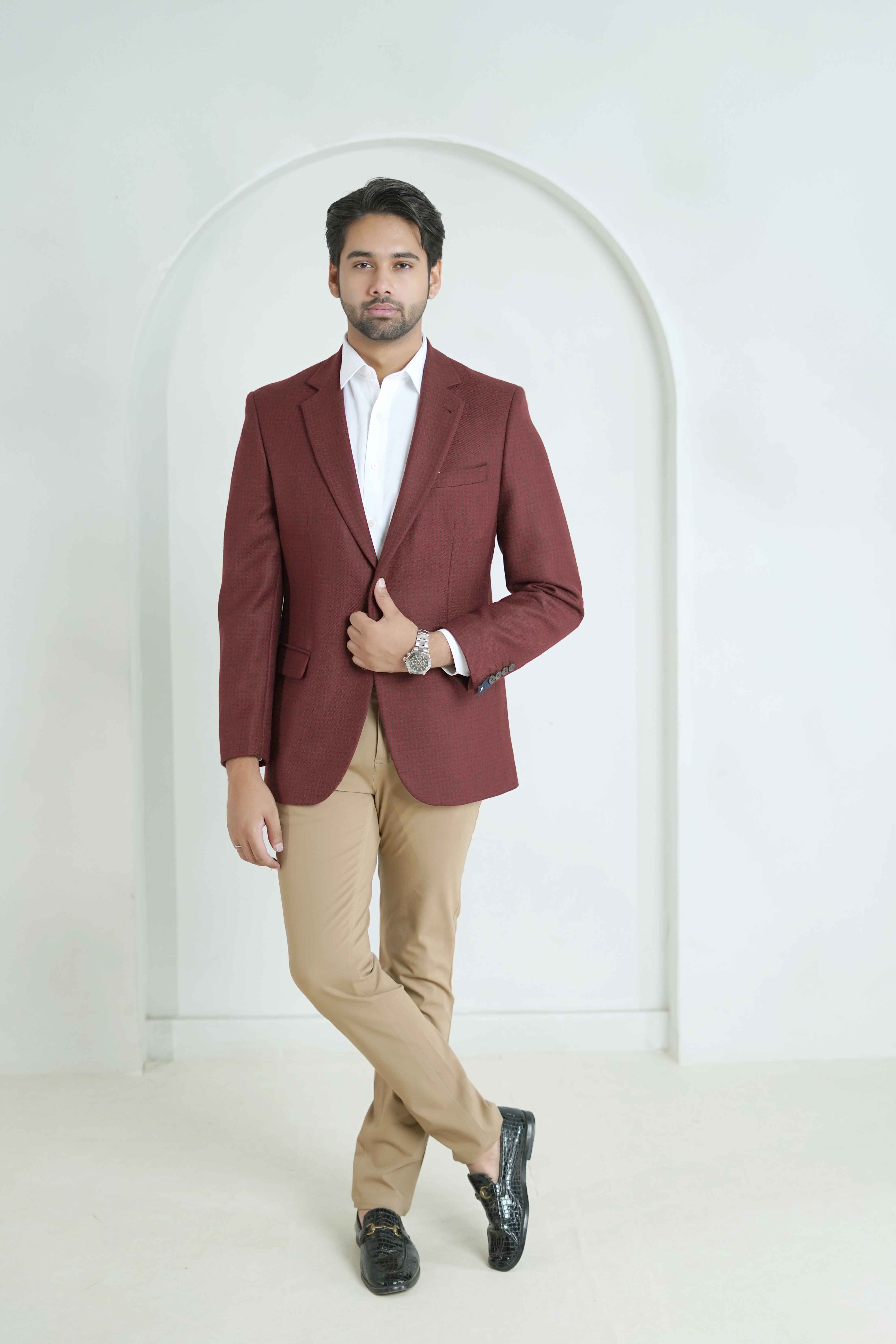 Cherry Red Houndstooth Worsted Tweed Classic Blazer - Image 2
