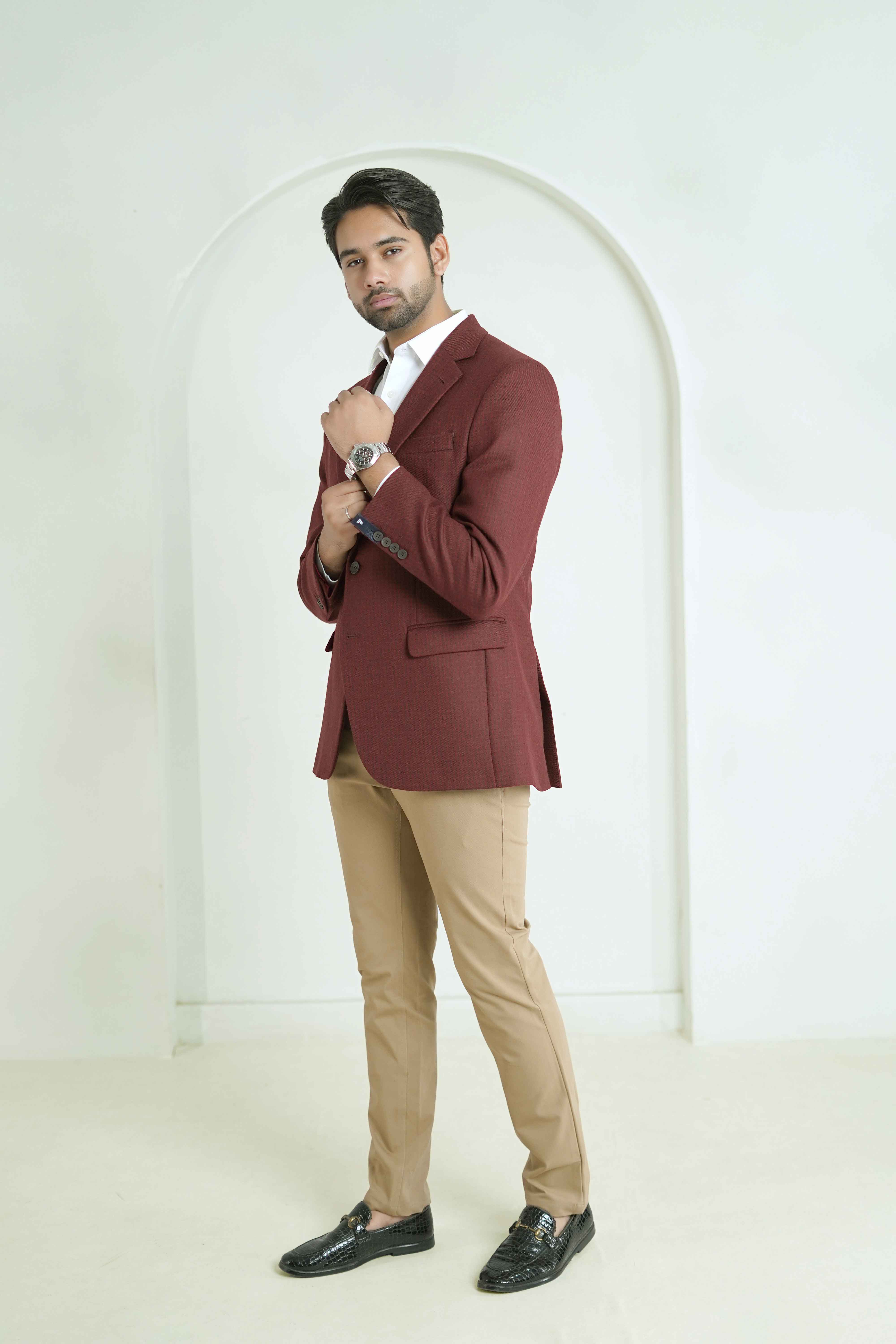 Cherry Red Houndstooth Worsted Tweed Classic Blazer - Image 3