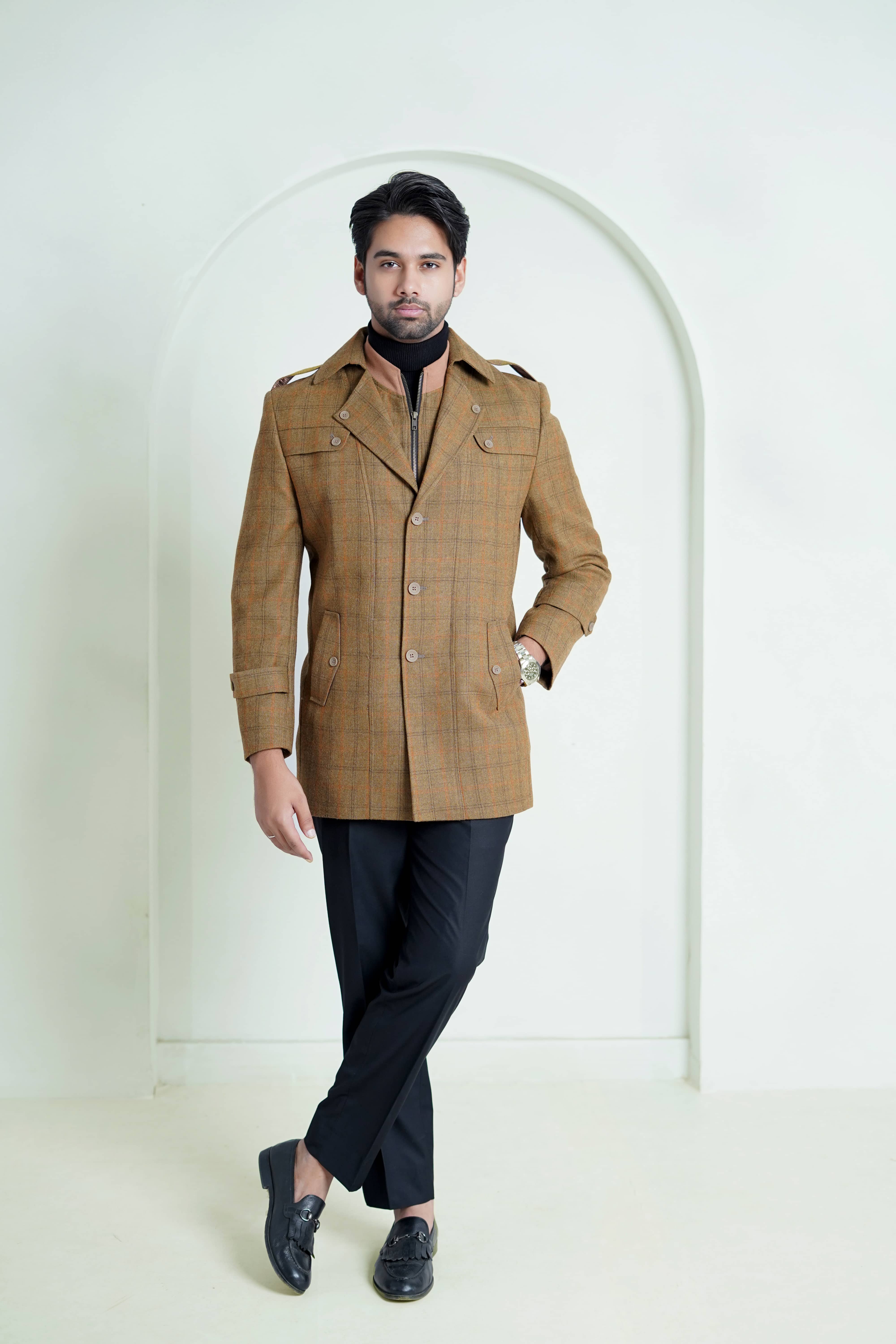 Double Jacket - Worsted Tweed Golden Brown Windowpane Checks - Image 3