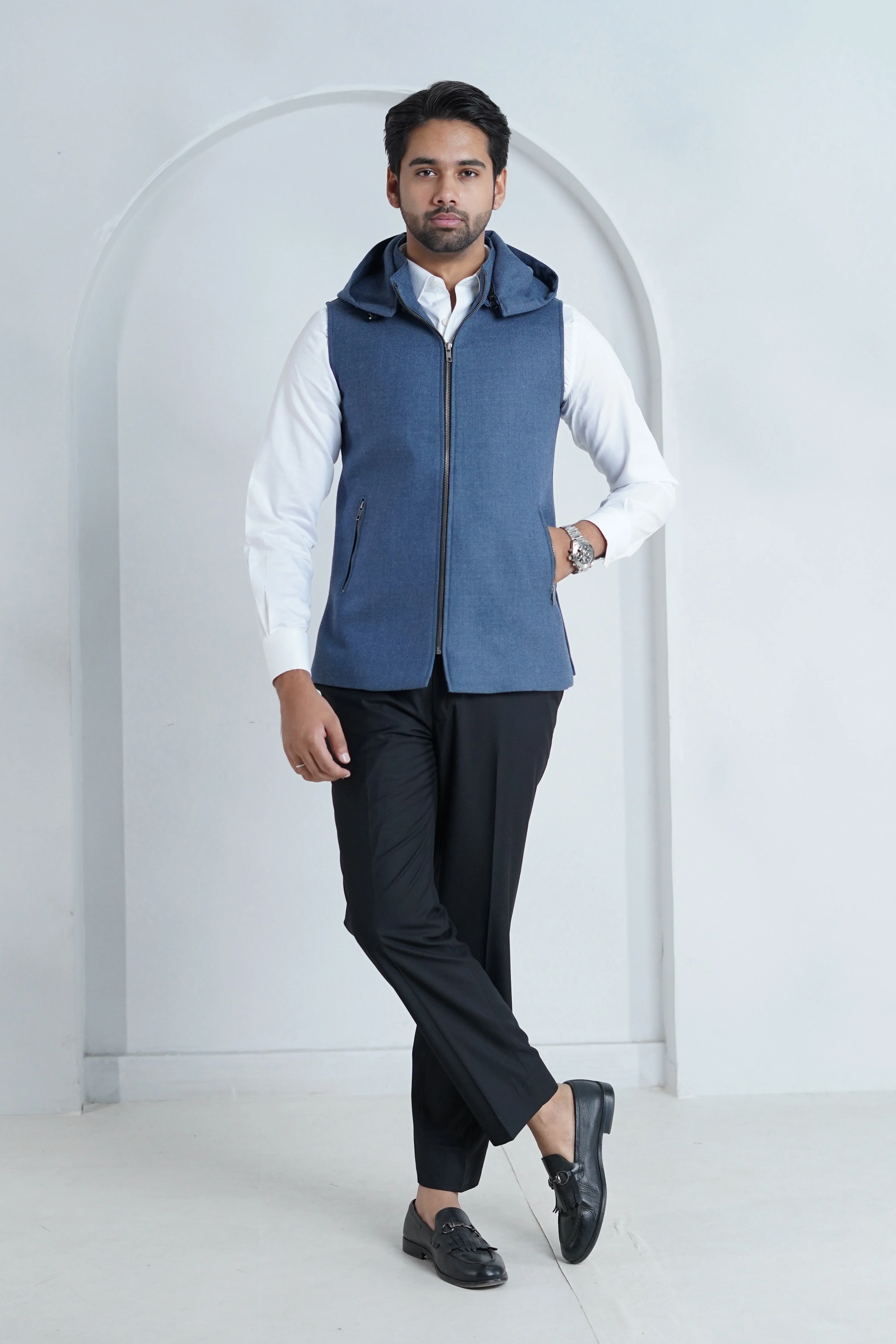 High Neck Hoodies - Worsted Tweed Sky Blue Plain - Image 3
