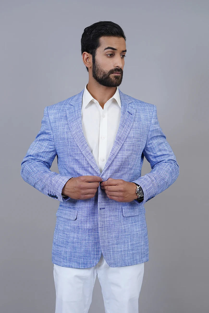 Poly Linen Blue Textured Classic Blazer - Image 3