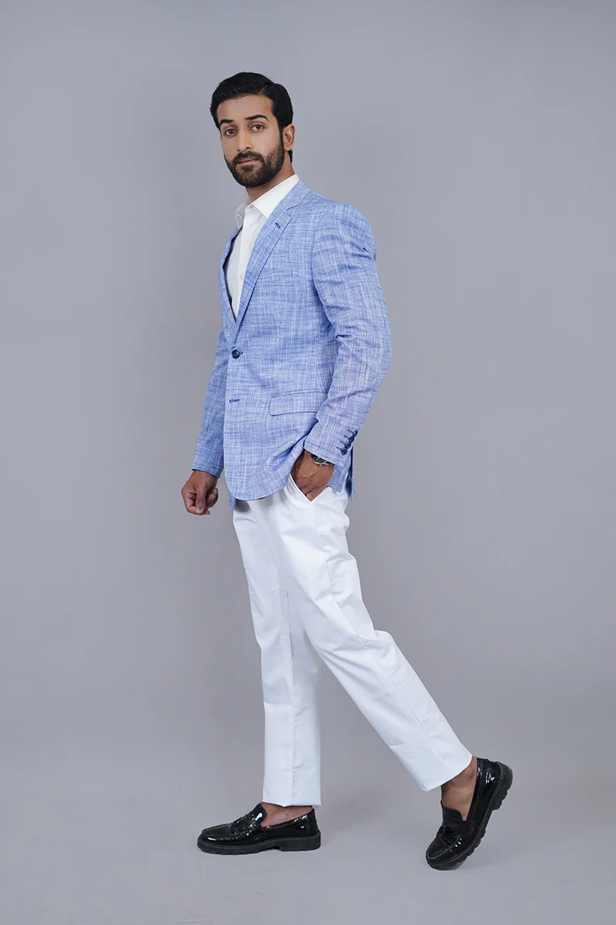 Poly Linen Blue Textured Classic Blazer - Image 4