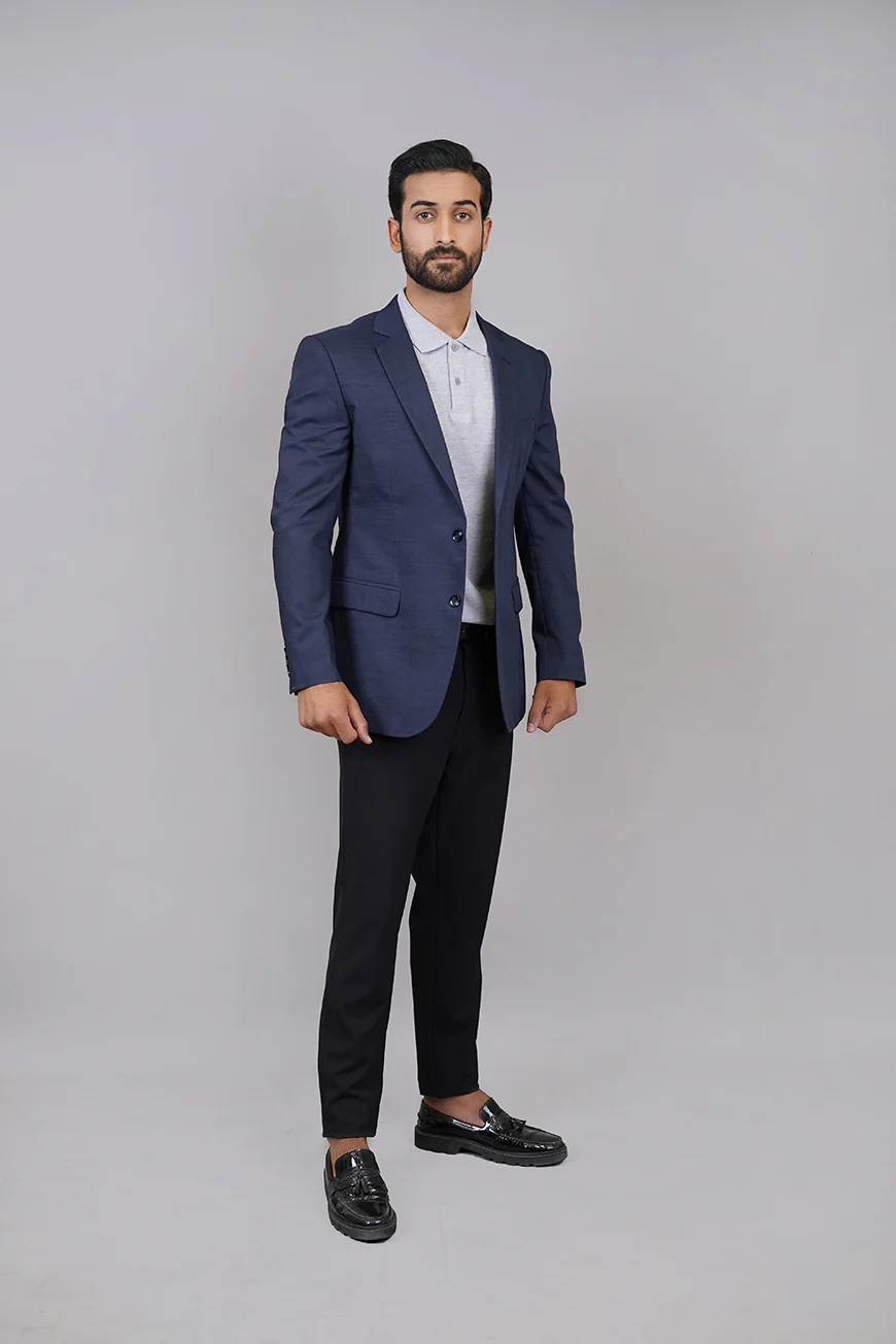 Poly Linen Navy Blue Textured Classic Blazer - Image 3
