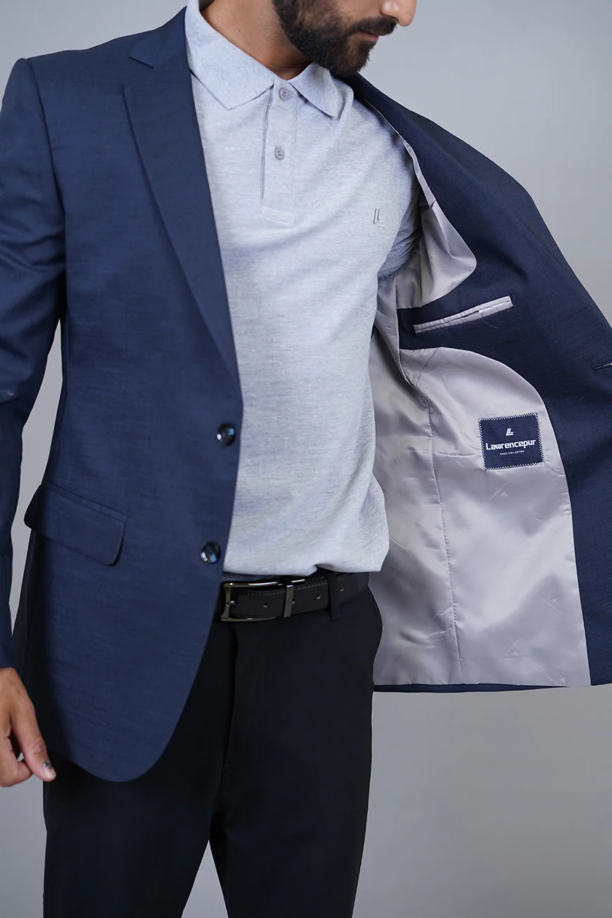 Poly Linen Navy Blue Textured Classic Blazer - Image 4