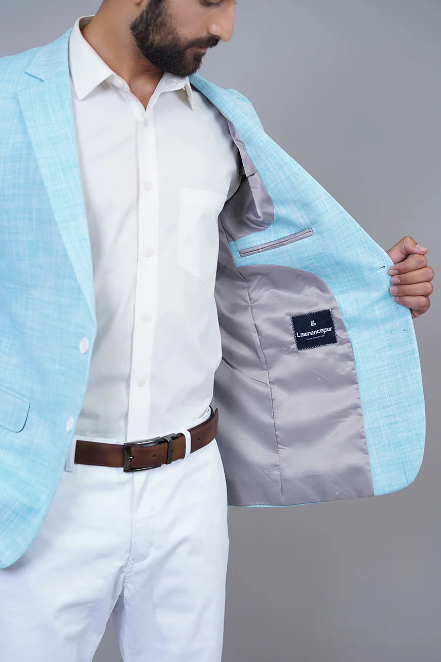 Poly Linen Sky Blue Textured Classic Blazer - Image 3