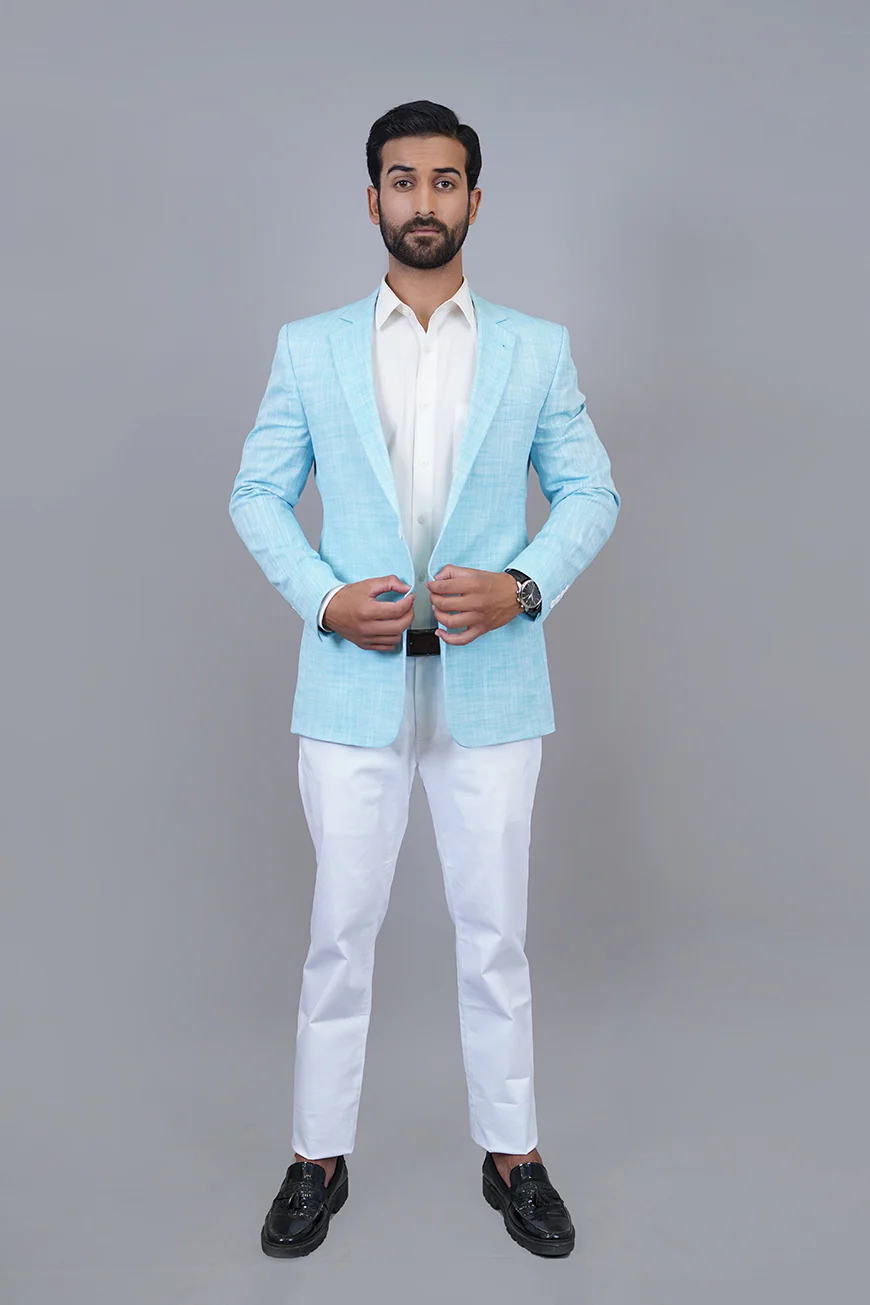 Poly Linen Sky Blue Textured Classic Blazer - Image 4