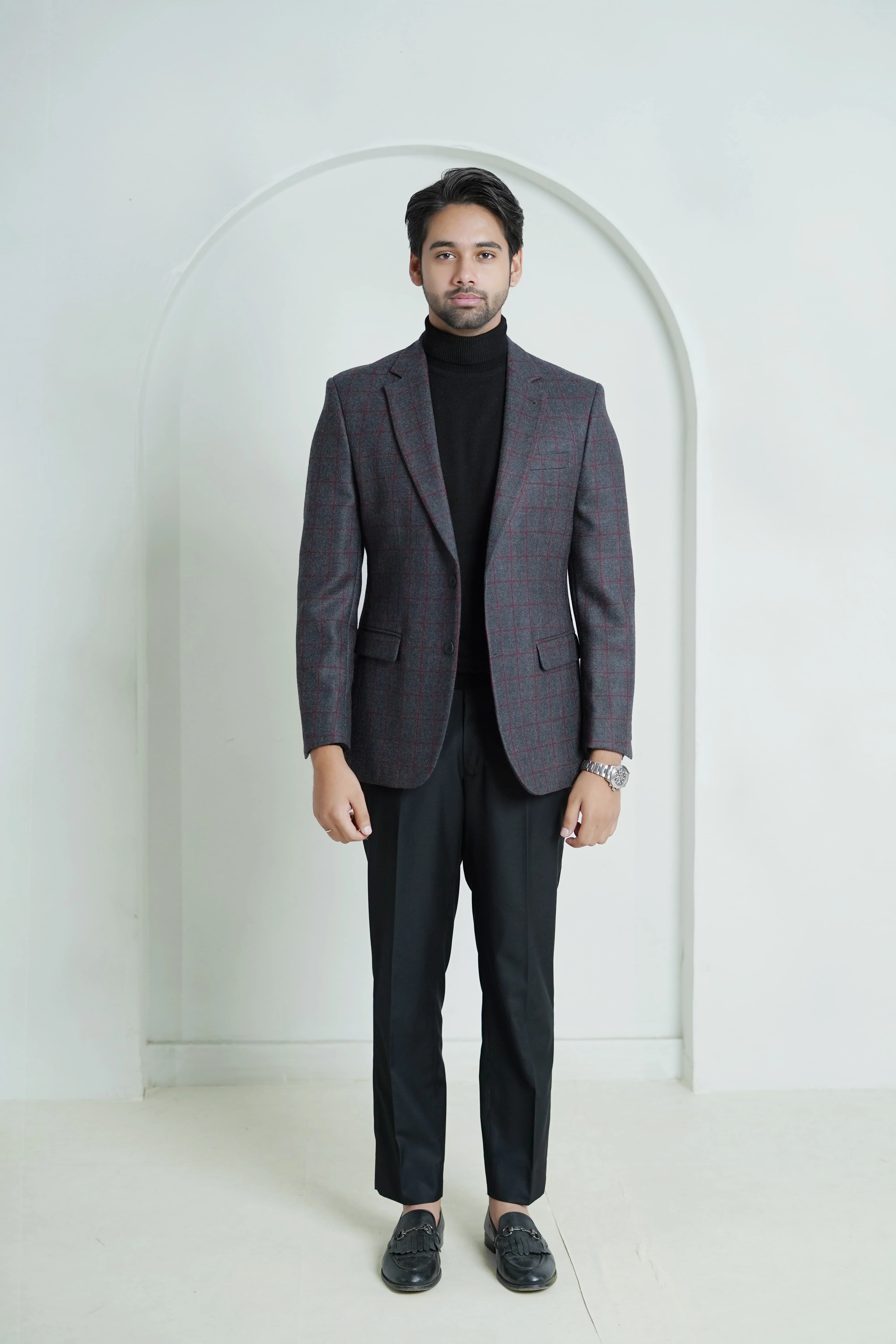 Broad Checks Medium Grey Worsted Tweed Classic Blazer - Image 2