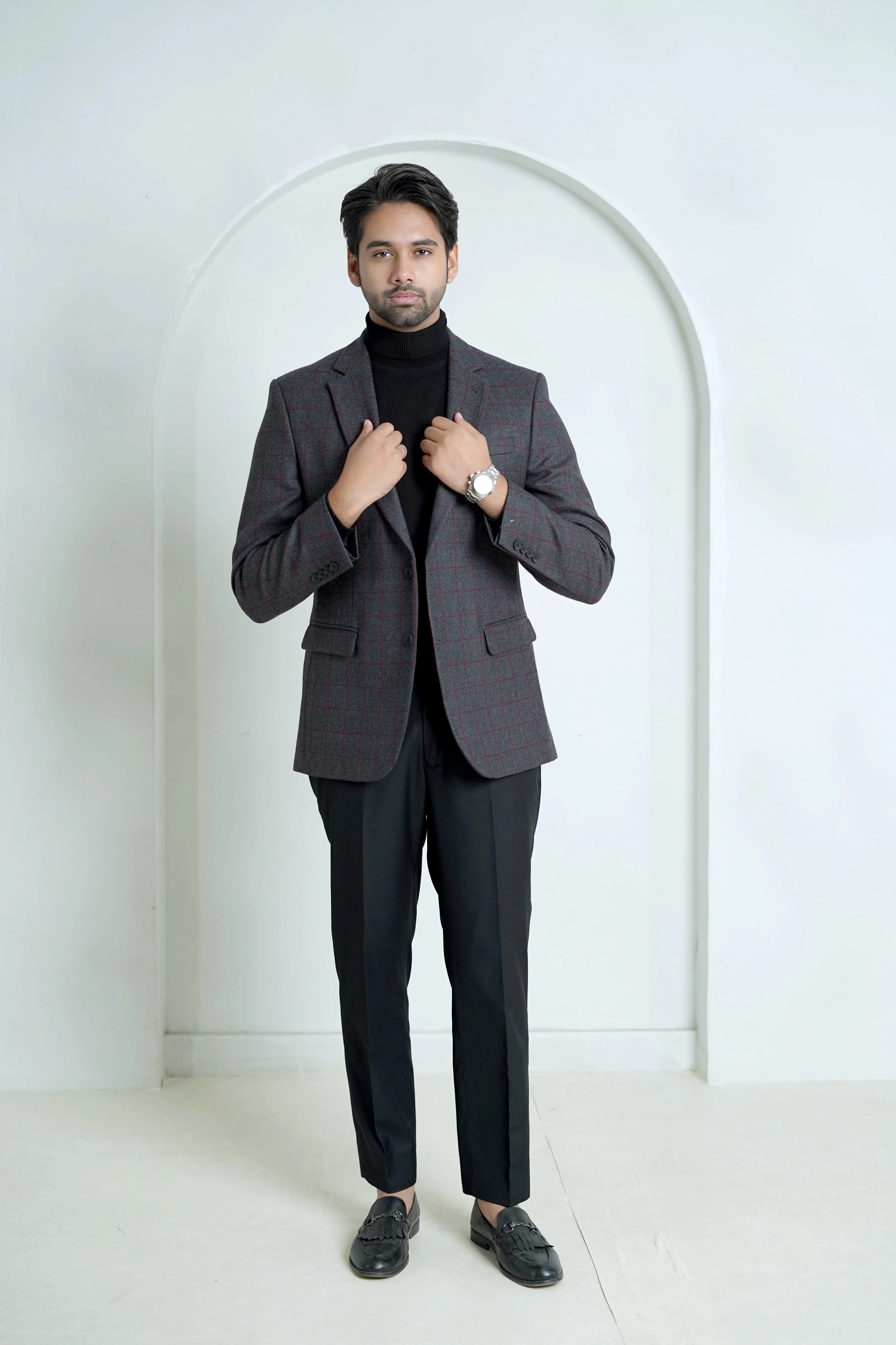 Broad Checks Medium Grey Worsted Tweed Classic Blazer - Image 3