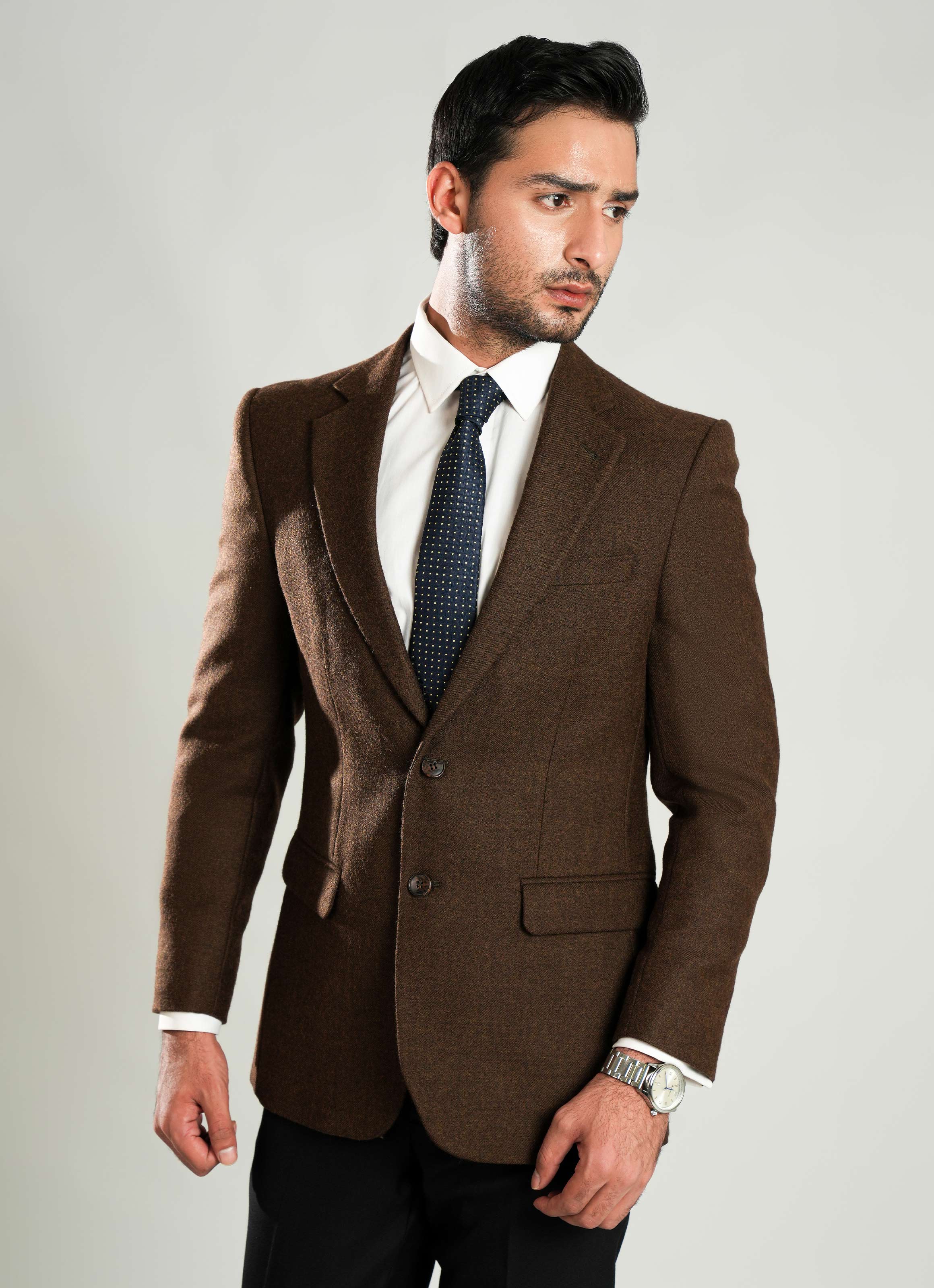 Brown Plain Worsted Tweed Classic Blazer