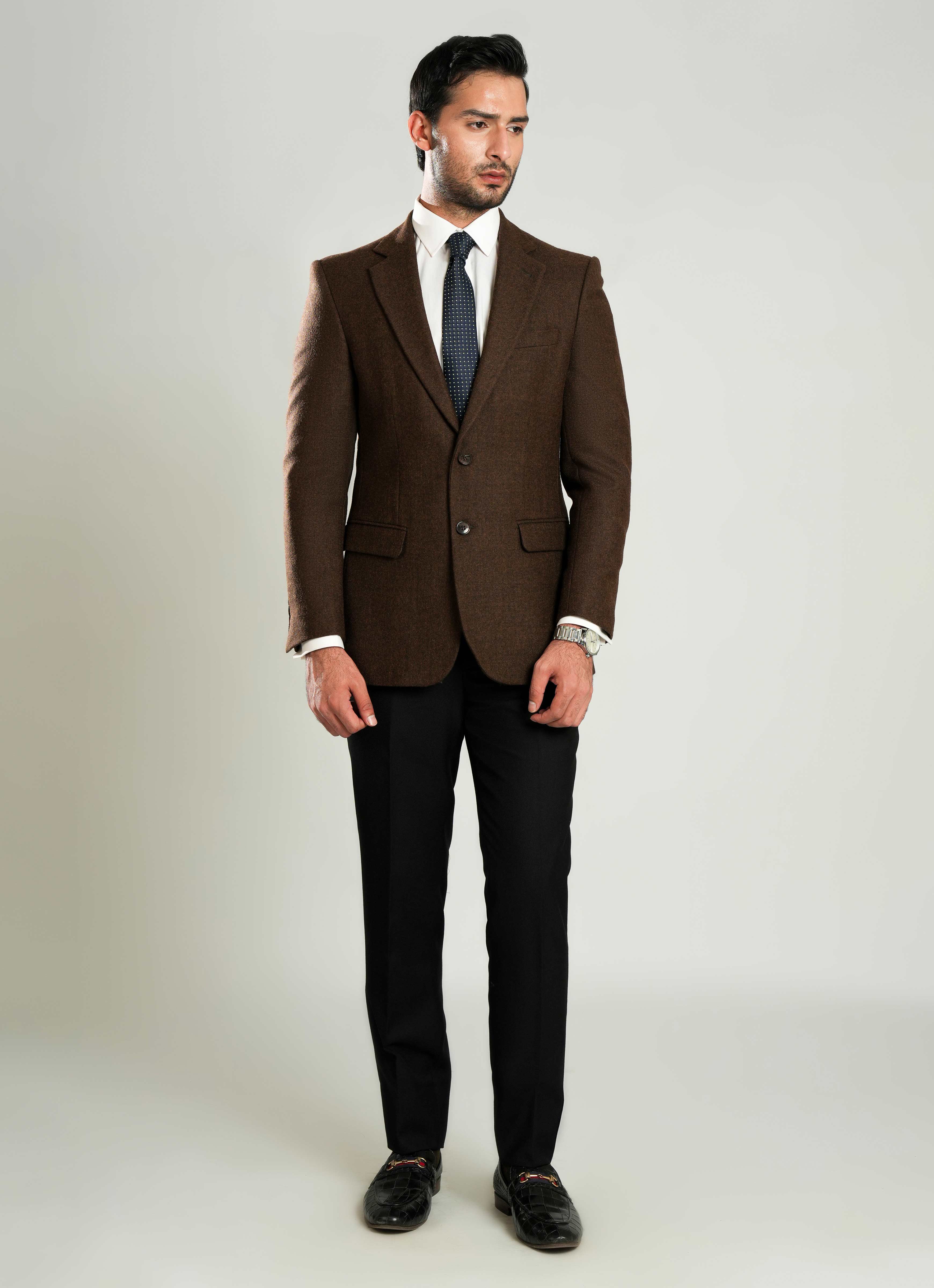 Brown Plain Worsted Tweed Classic Blazer - Image 3