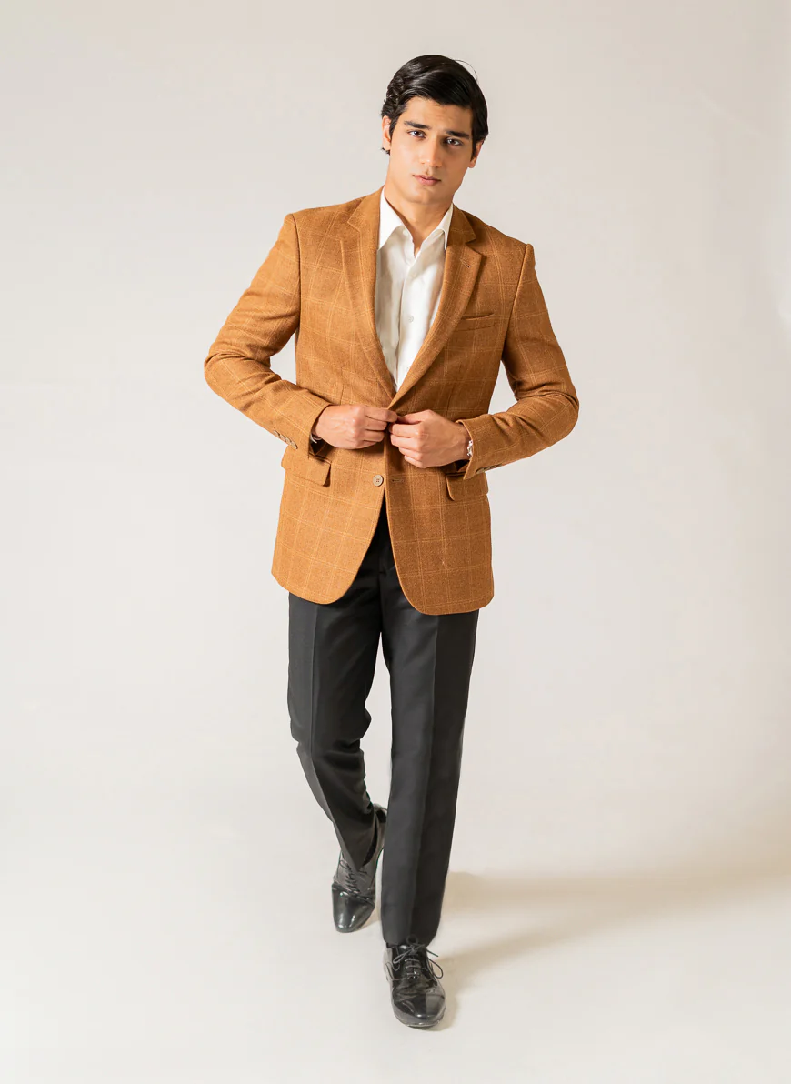 Brown Windowpane Checks Worsted Tweed Classic Blazer - Image 2