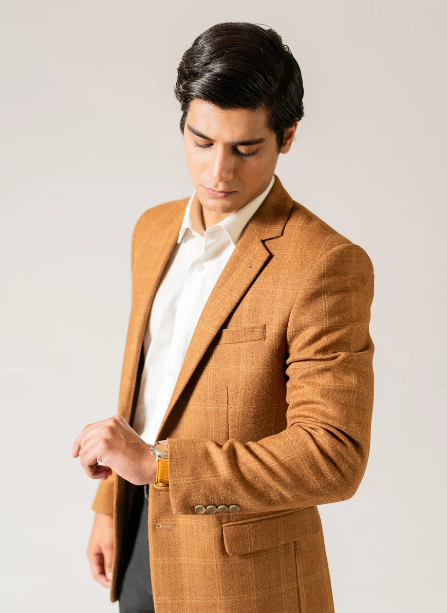 Brown Windowpane Checks Worsted Tweed Classic Blazer - Image 3