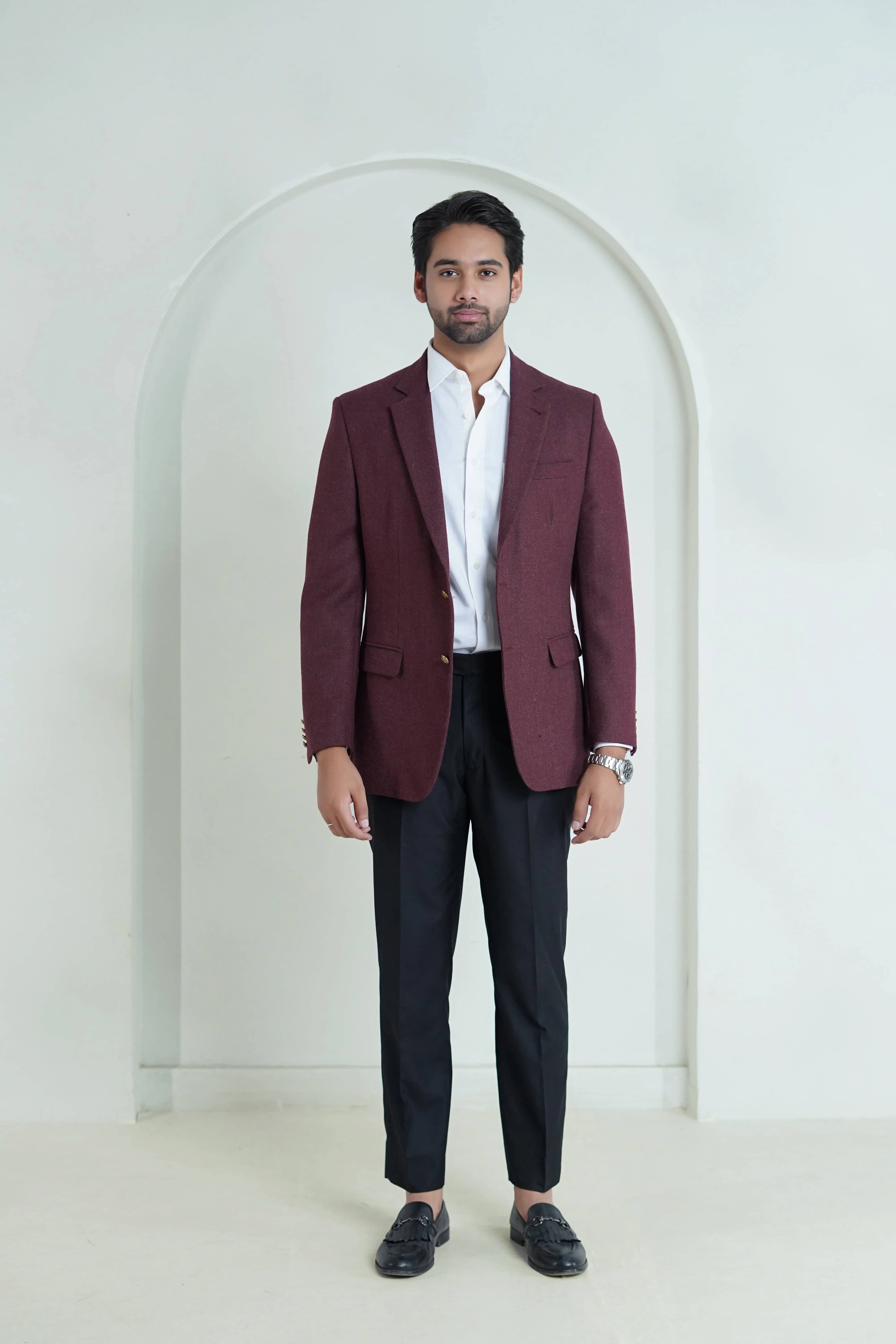 Burgundy Plain Worsted Tweed Classic Blazer - Image 3