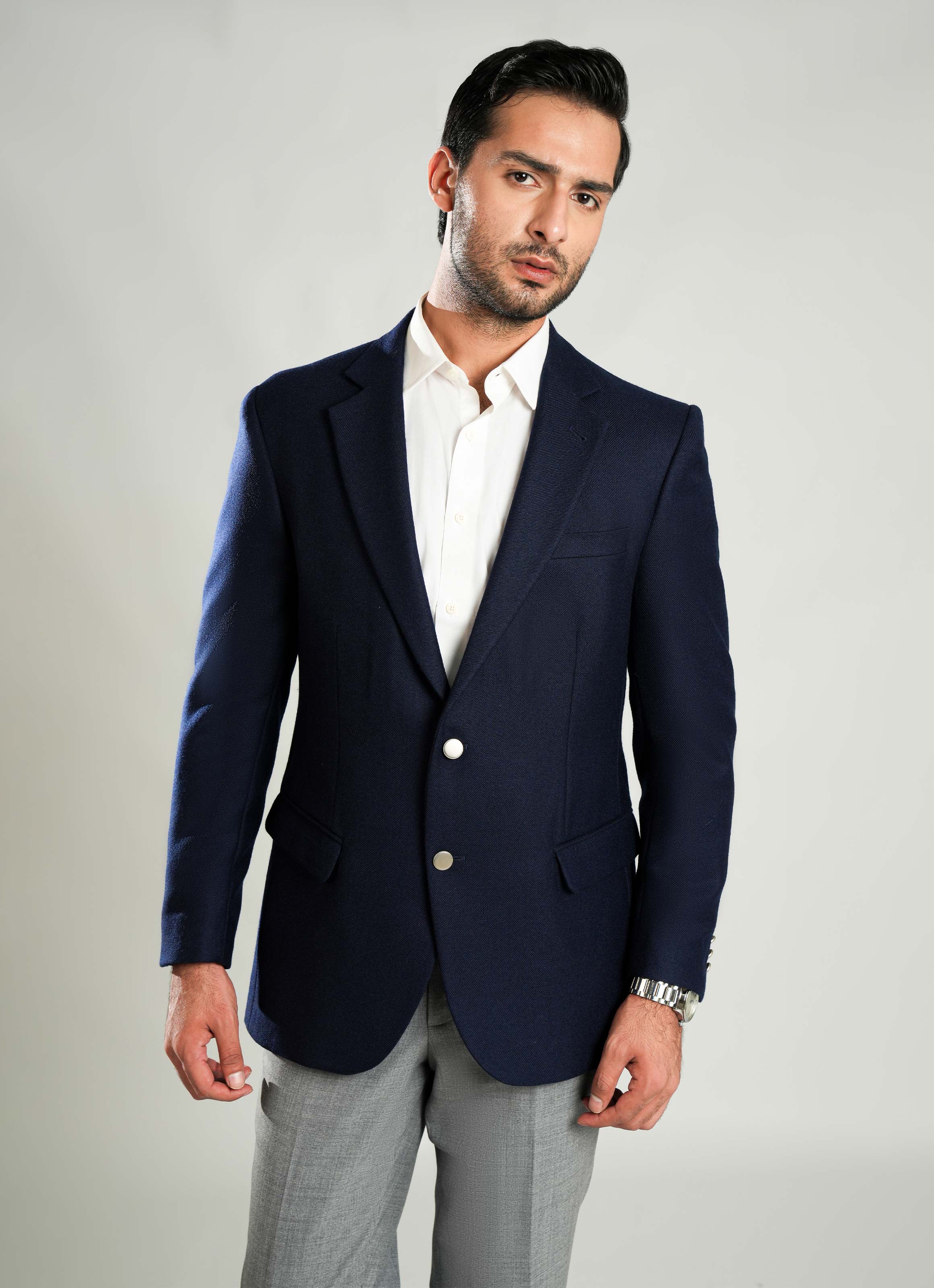 Herringbone Textured Bluish Grey Worsted Tweed Classic Blazer