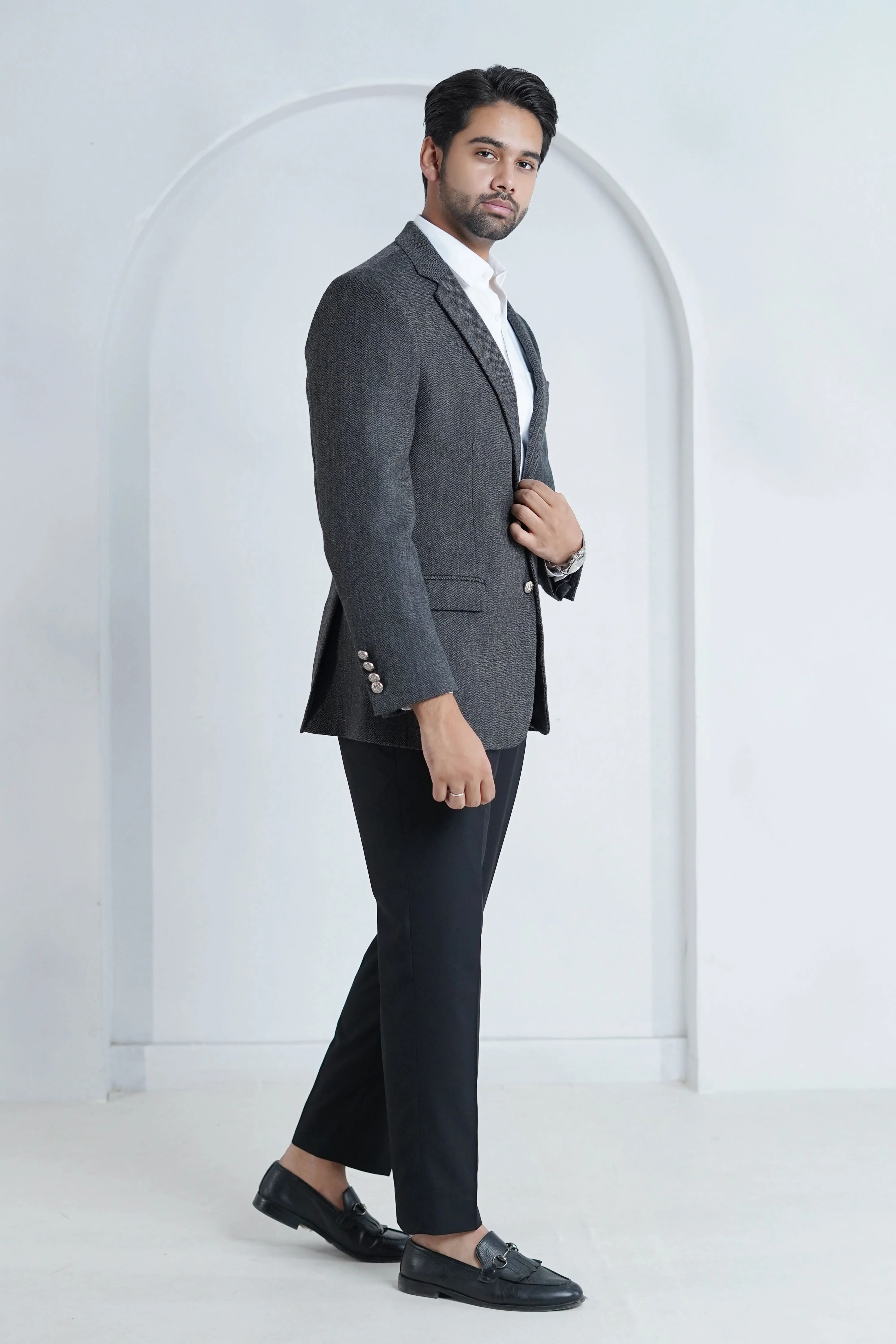 Herringbone Textured Grey Worsted Tweed Classic Blazer - Image 3