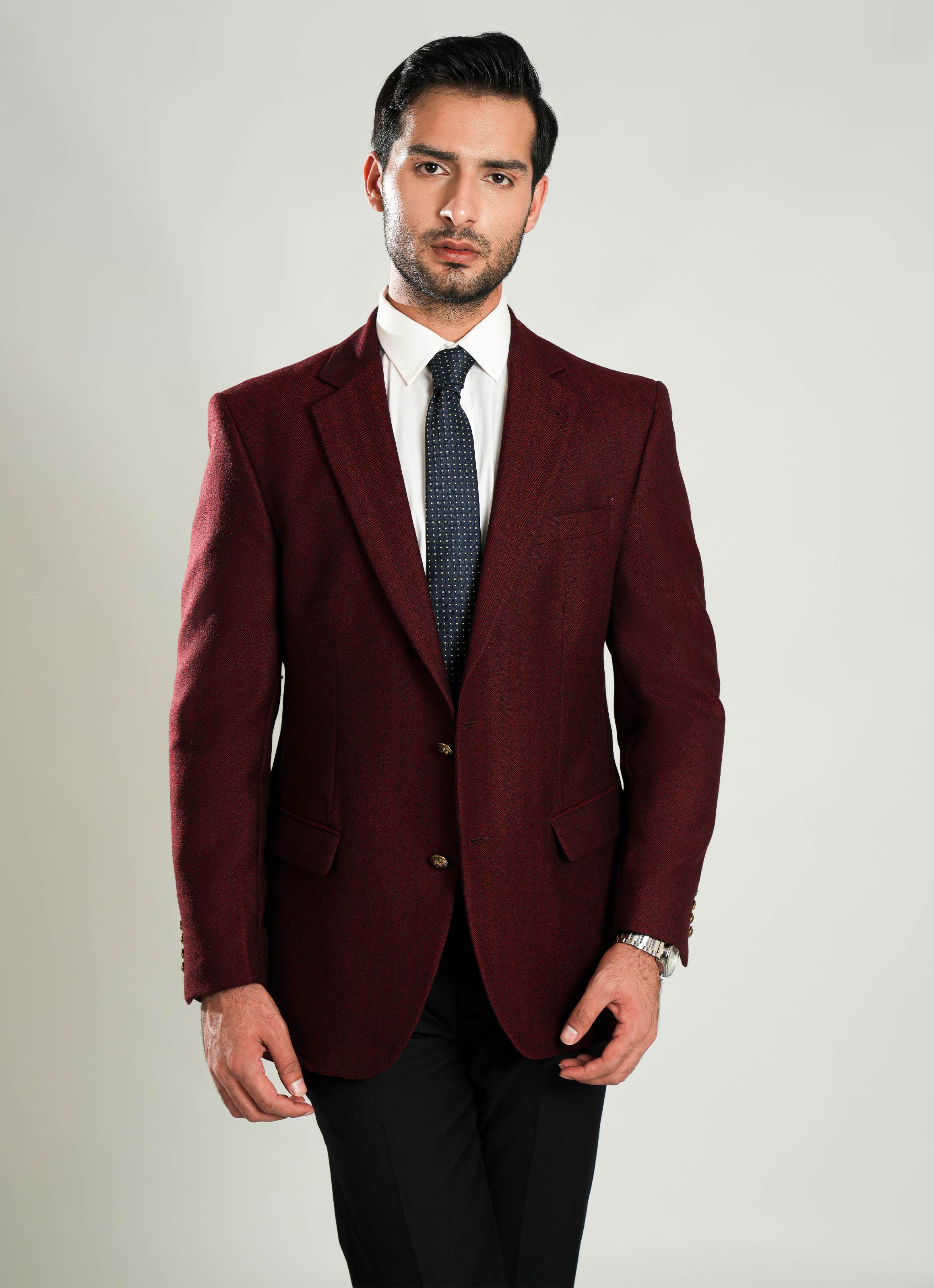 Maroon Herringbone Worsted Tweed Classic Blazer
