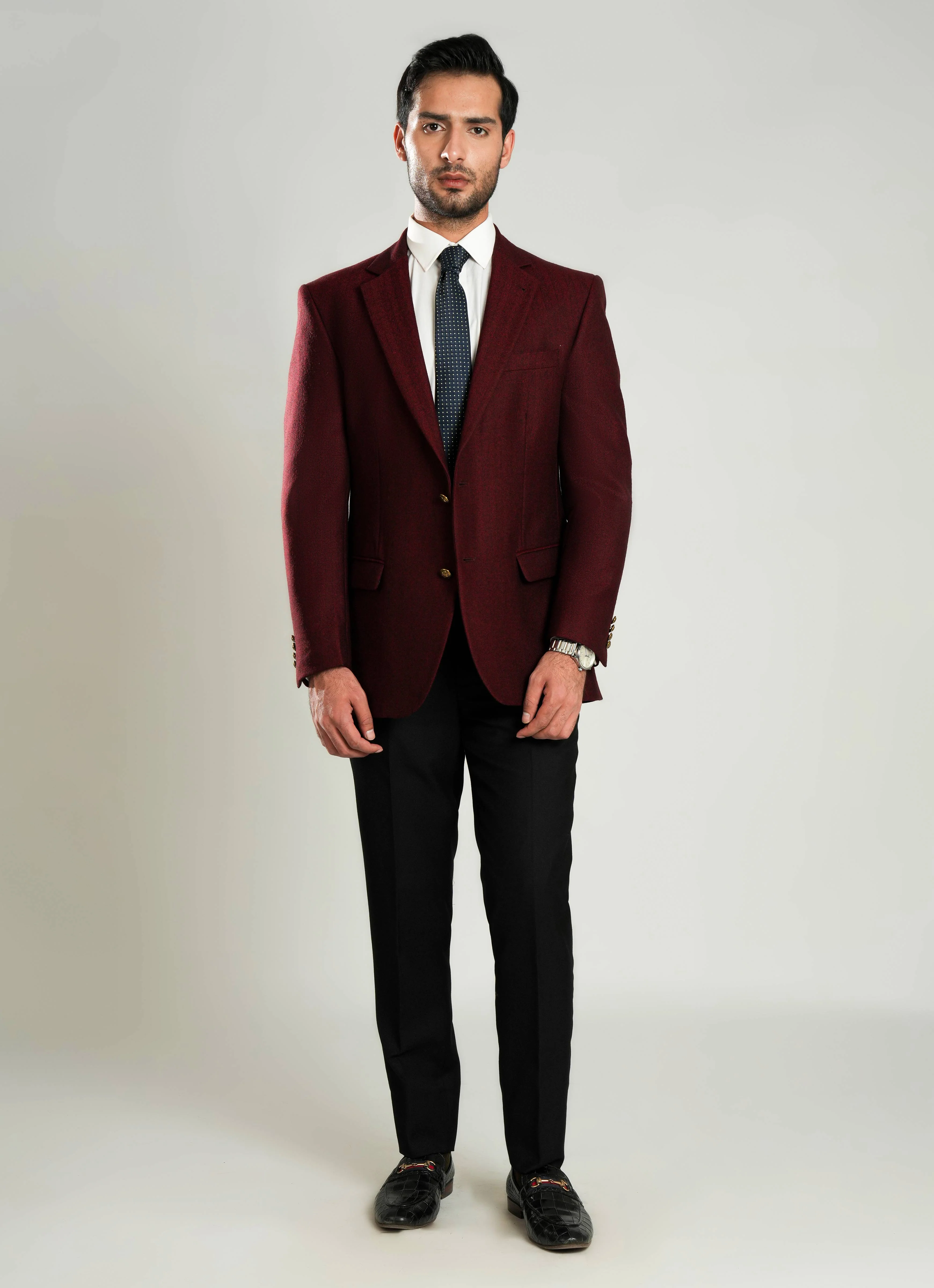 Maroon Herringbone Worsted Tweed Classic Blazer - Image 4