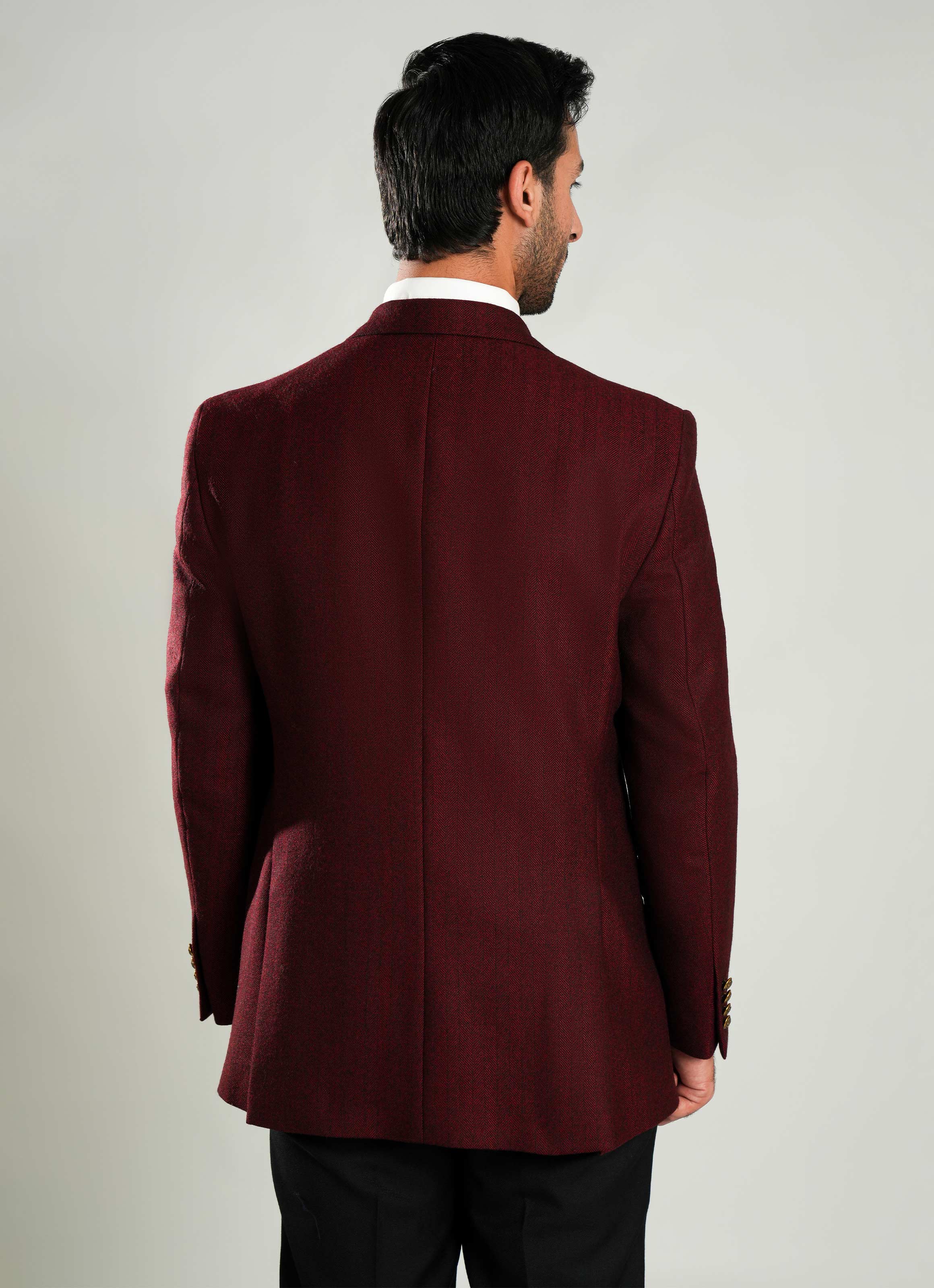 Maroon Herringbone Worsted Tweed Classic Blazer - Image 5
