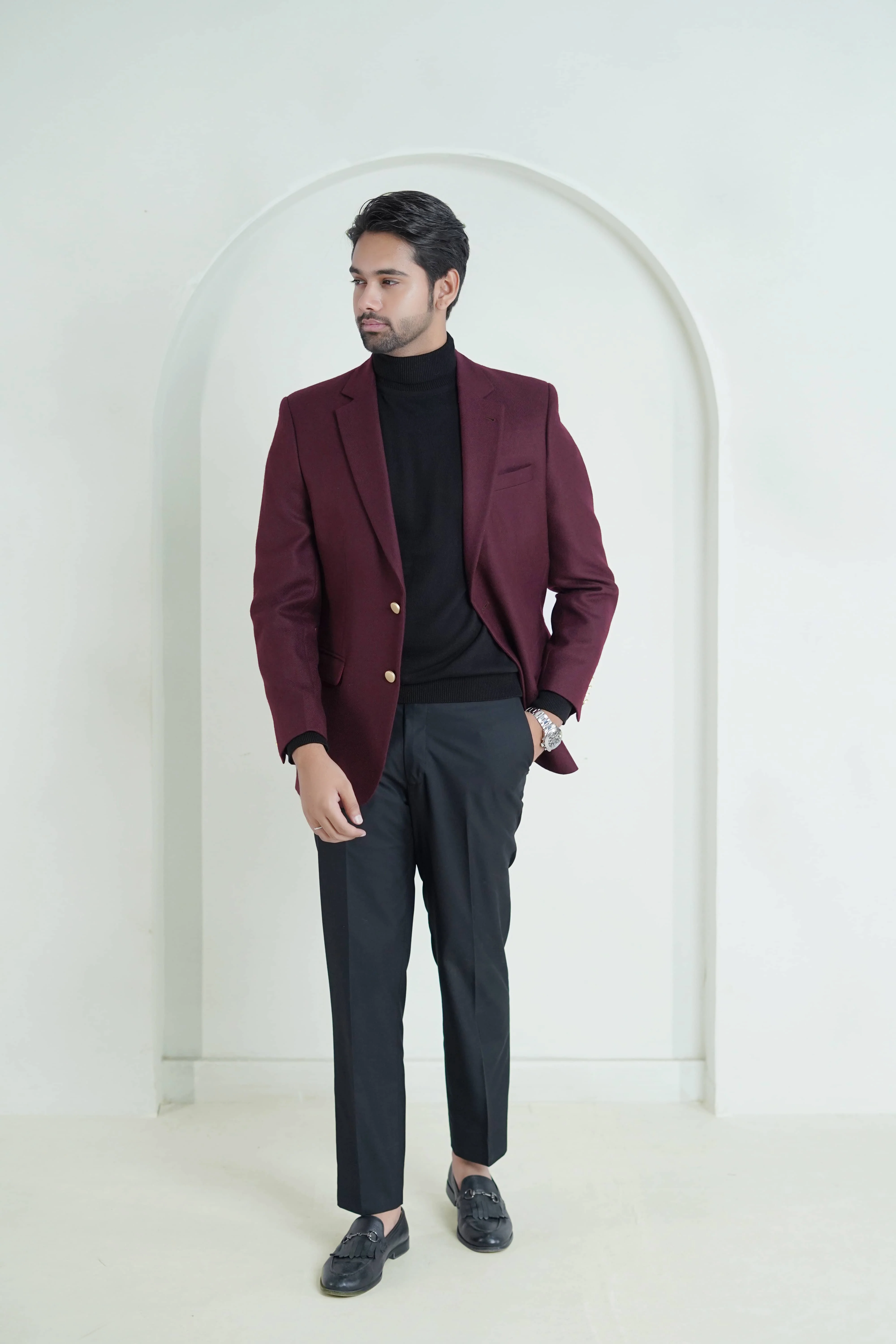 Maroon Plain Worsted Tweed Classic Blazer - Image 2