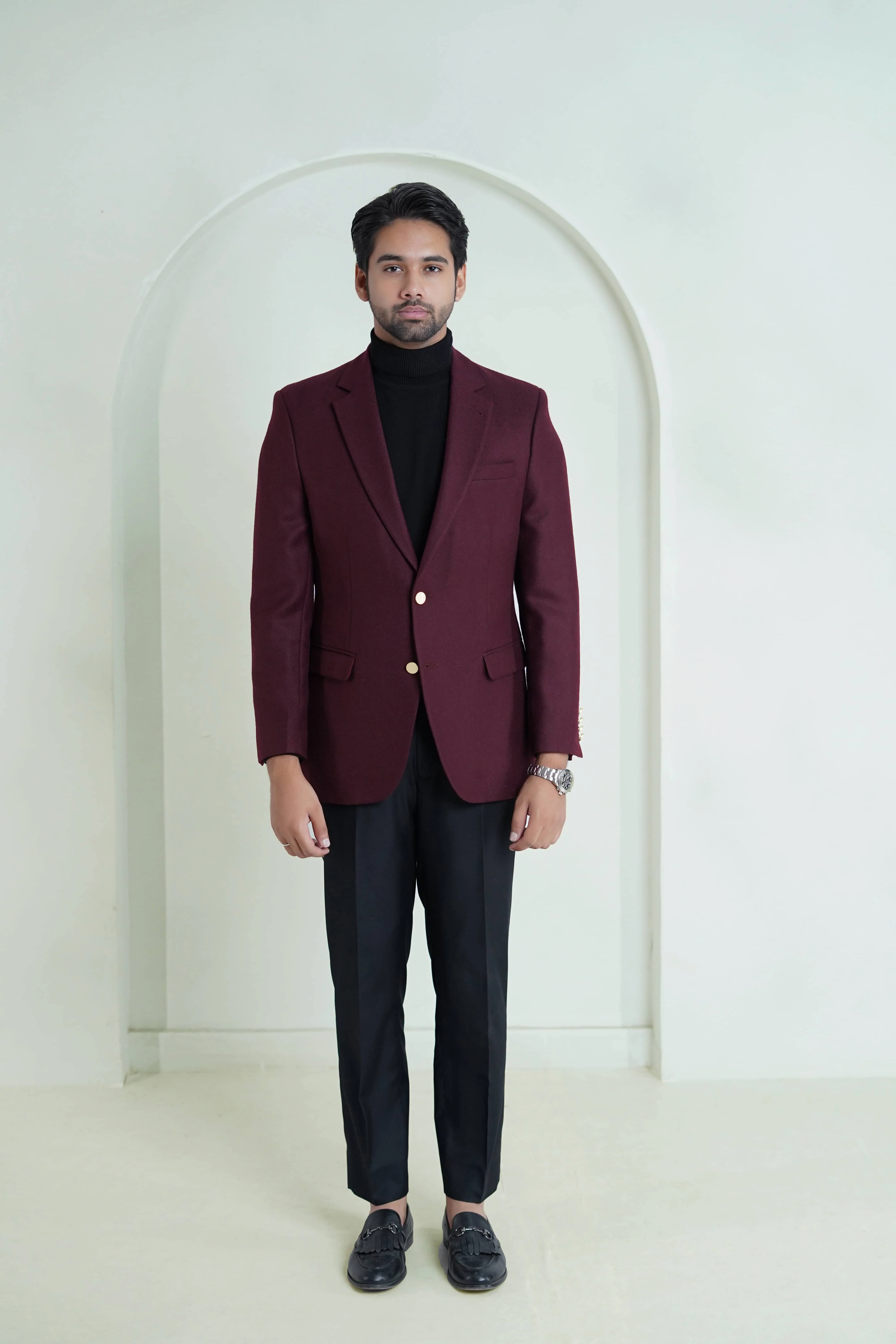 Maroon Plain Worsted Tweed Classic Blazer - Image 3