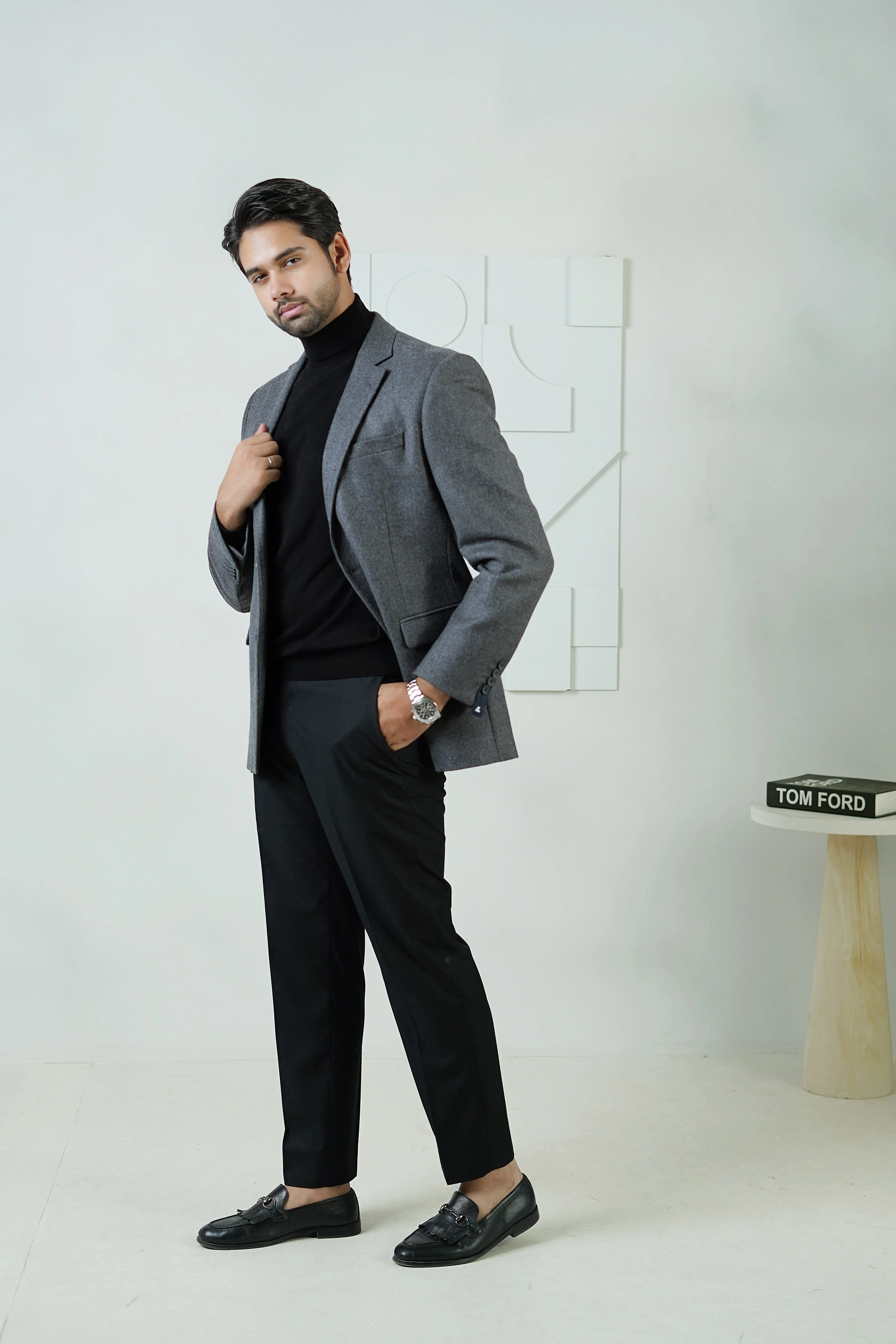 Medium Grey Plain Worsted Tweed Classic Blazer - Image 3