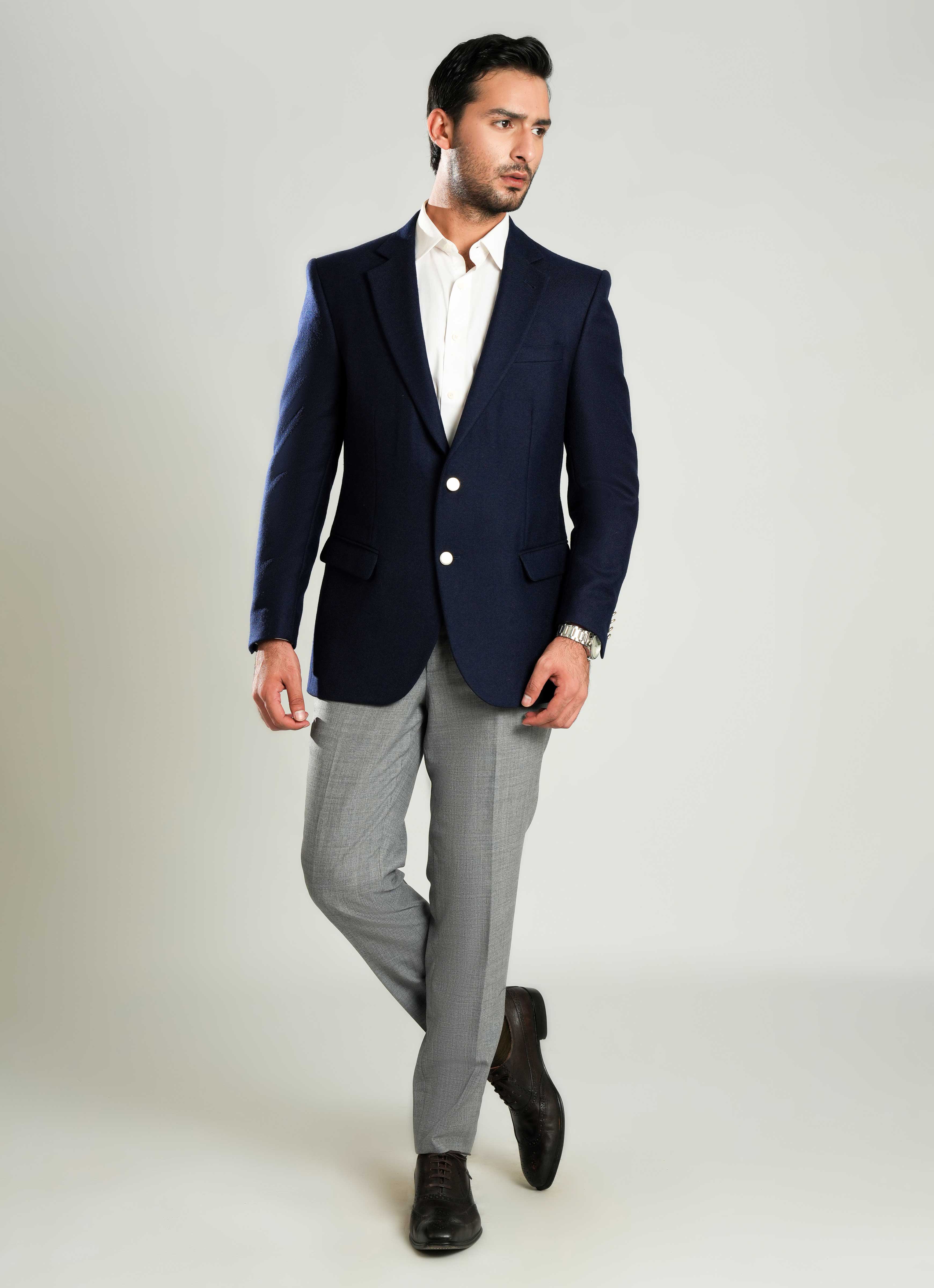Navy Blue Plain Worsted Tweed Classic Blazer - Image 5