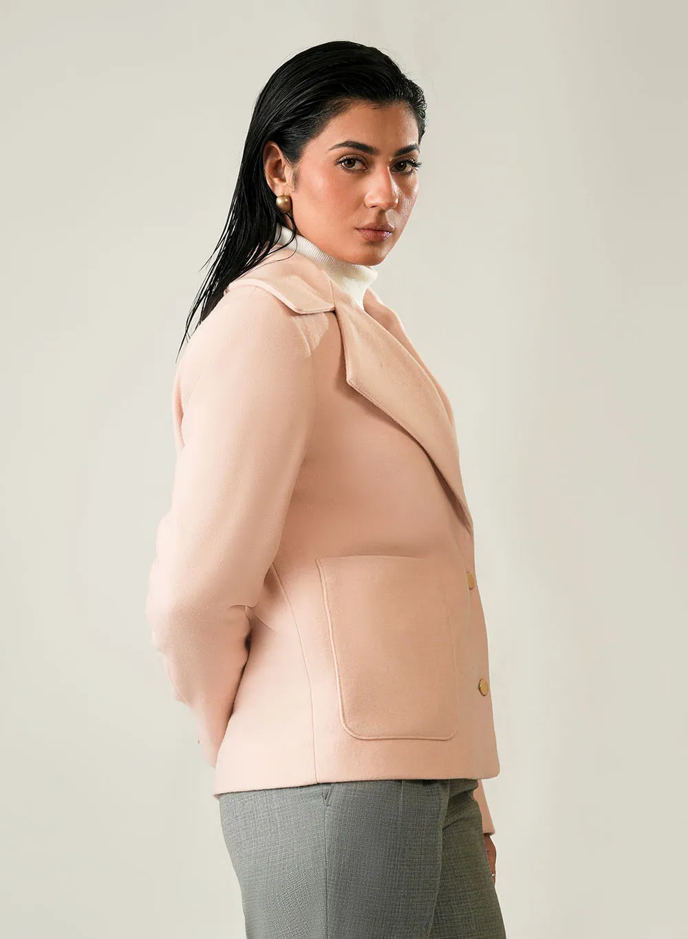 Soft Light Pink Plain Winter Jacket for Ladies - Image 3