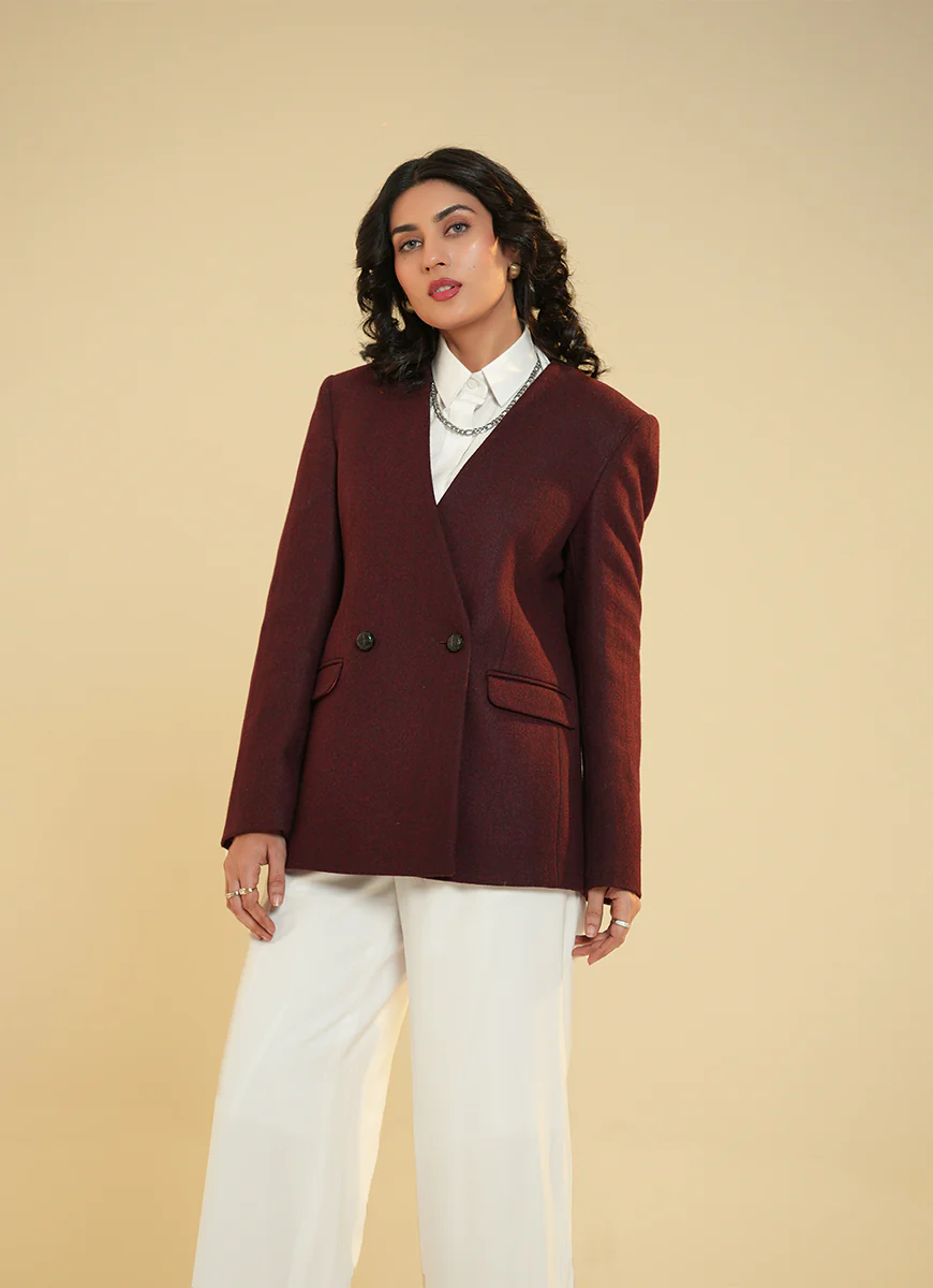 Ladies Jacket - V Neck Double Button Maroon Plain