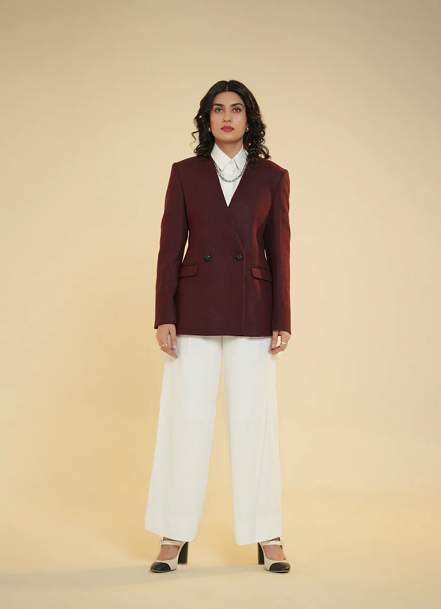 Ladies Jacket - V Neck Double Button Maroon Plain - Image 2