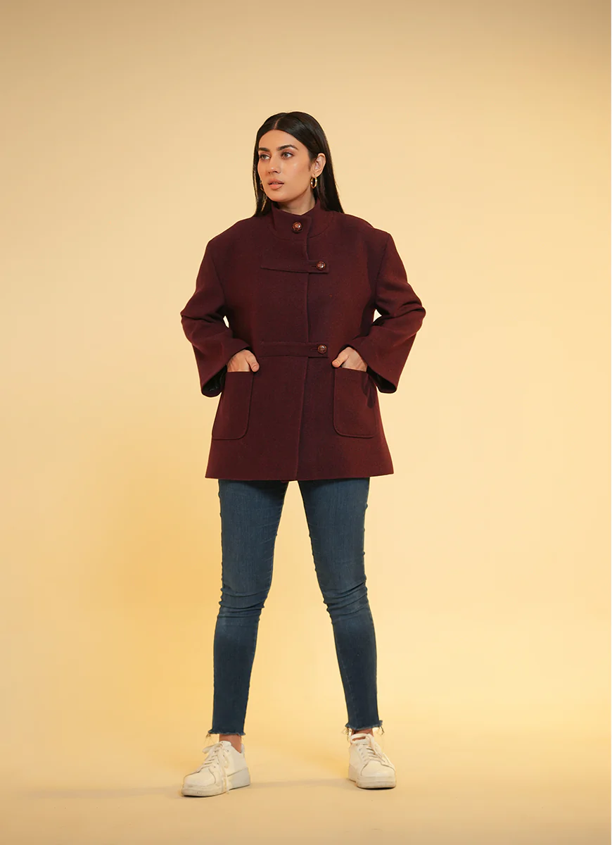 Ladies Jacket  Button Tab Front, High Neck, Maroon Plain - Image 3