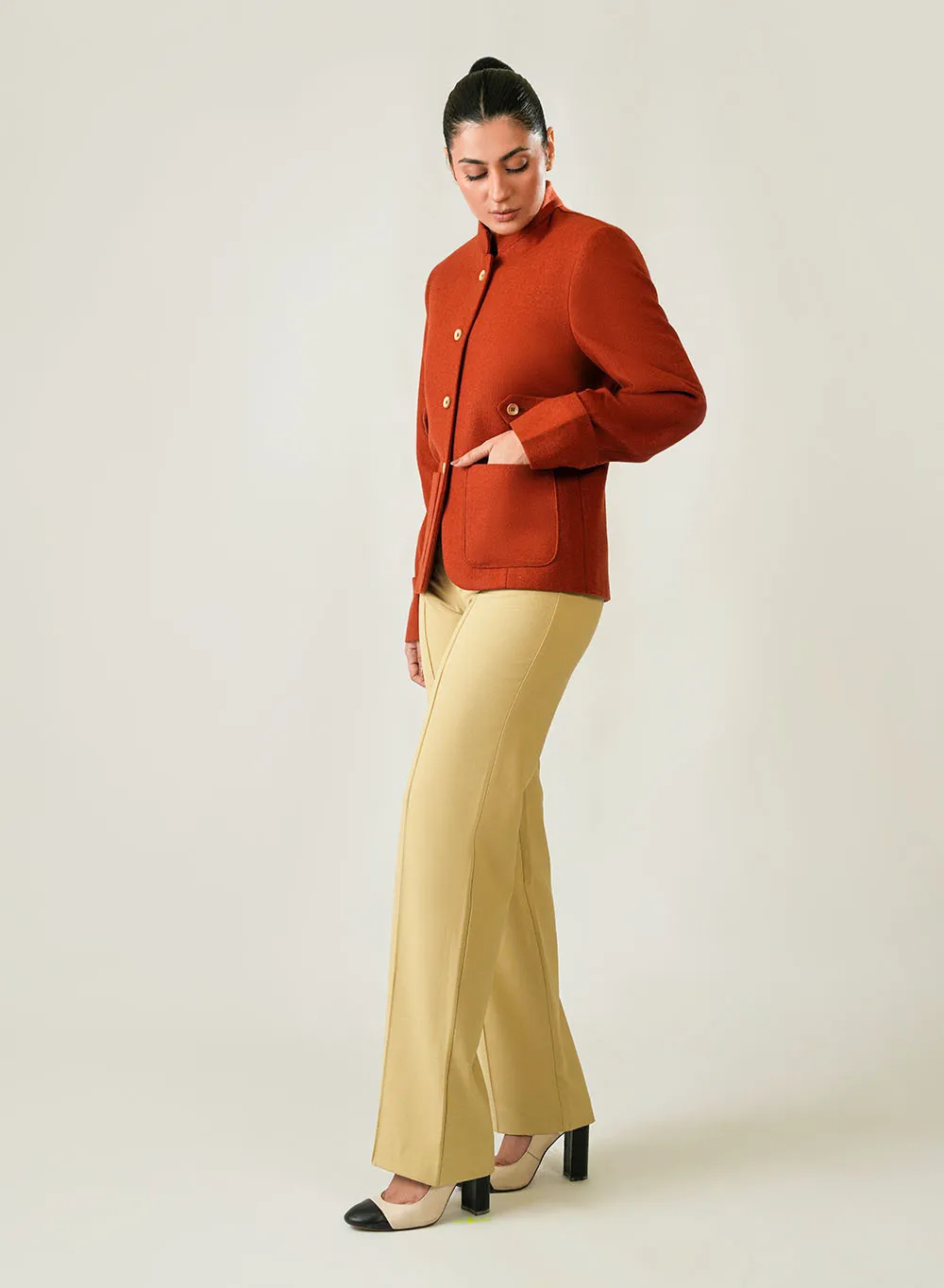 Vibrant Orange Plain Ladies Winter Jacket - Image 3
