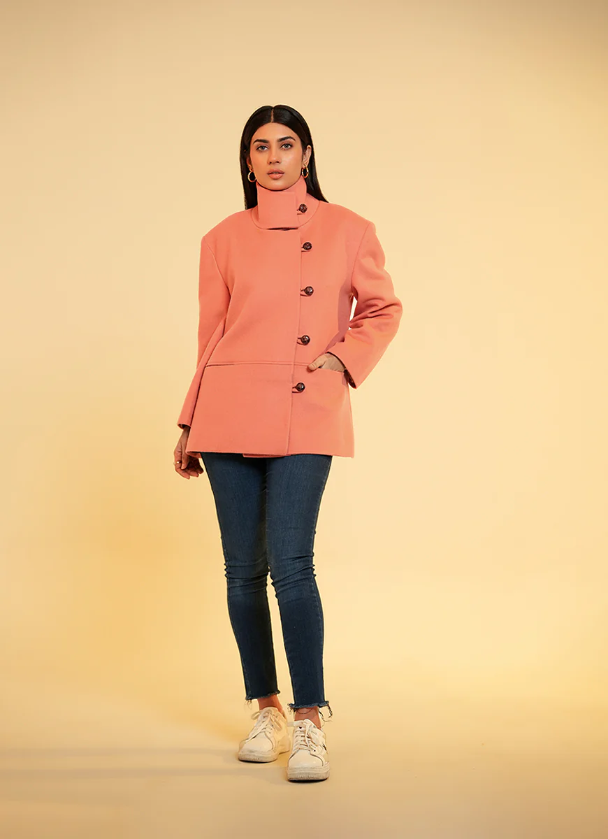 Ladies Jacket High Neck -  Peach Plain - Image 3