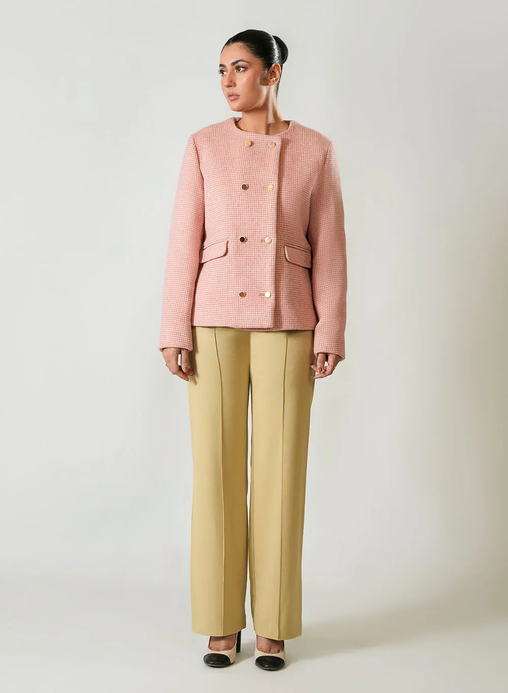 Stylish Pink & White Checked Ladies Winter Jacket - Image 3