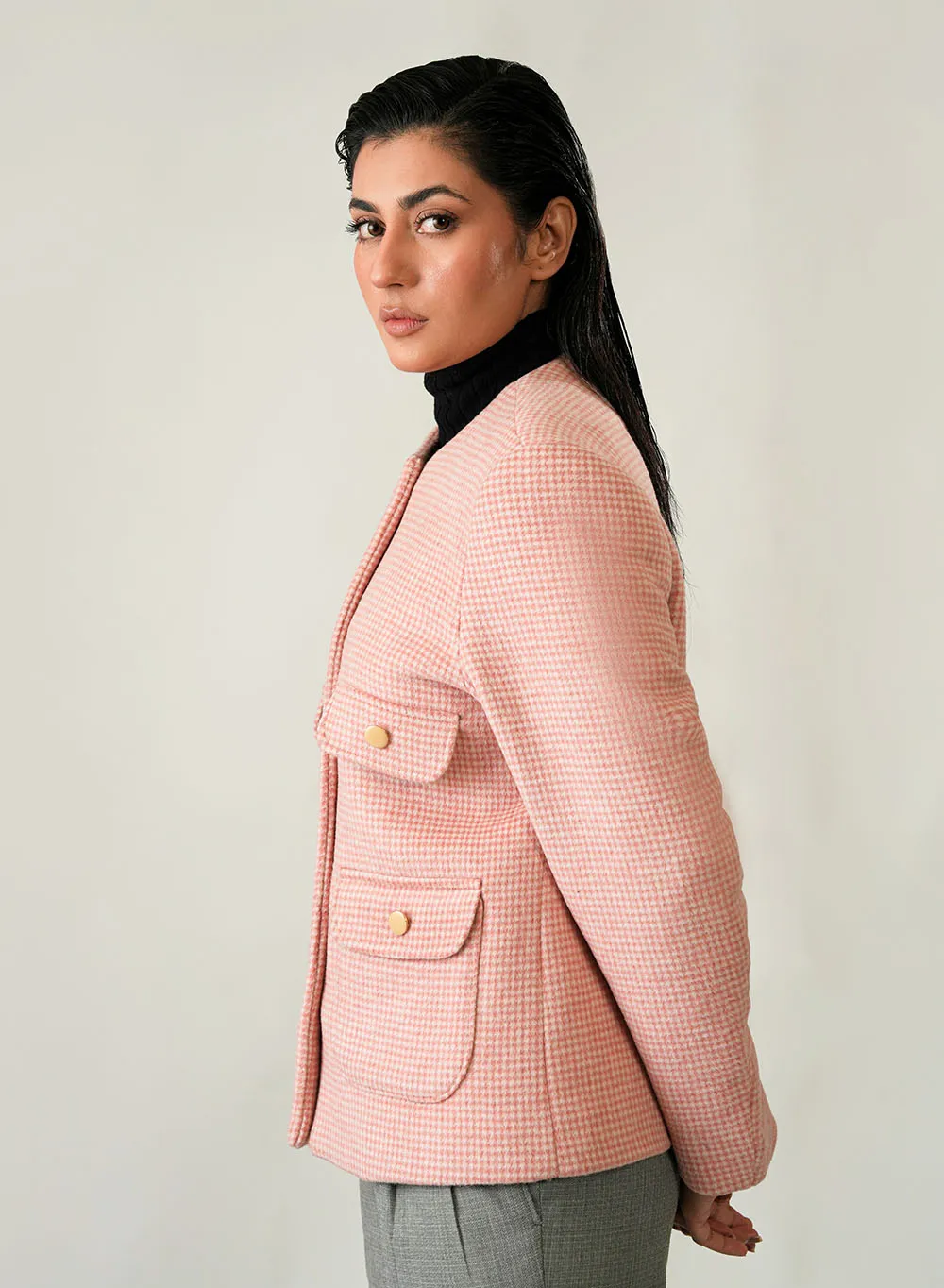 Stylish Pink & White Checked Ladies Winter Jacket - Image 3