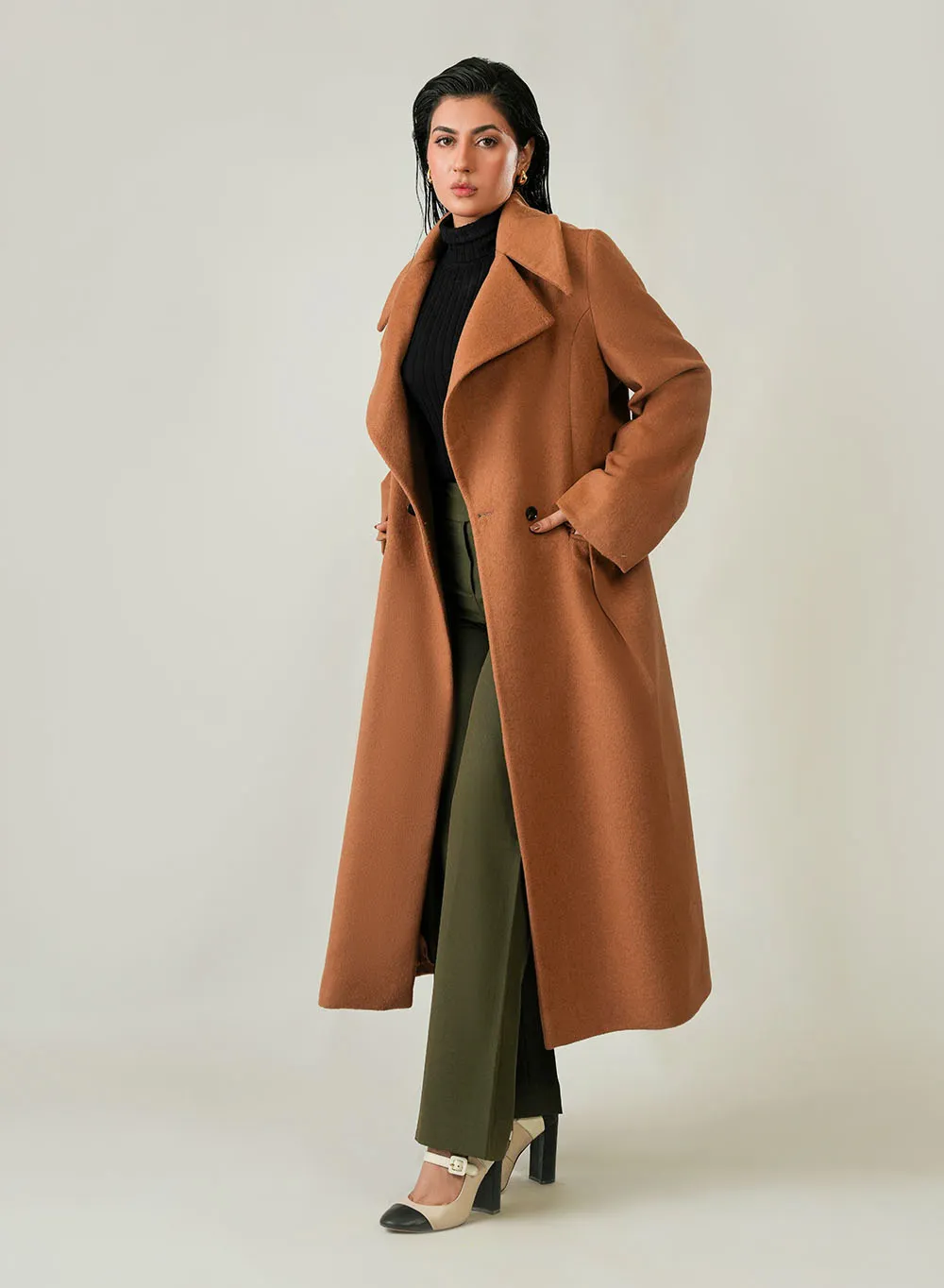 Camel Brown Woolen Fleece Long Coat for Women - Image 3