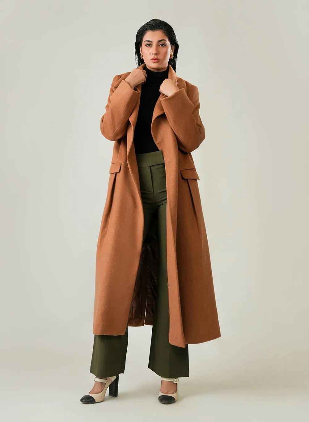Camel Brown Woolen Fleece Long Coat for Women - Image 4